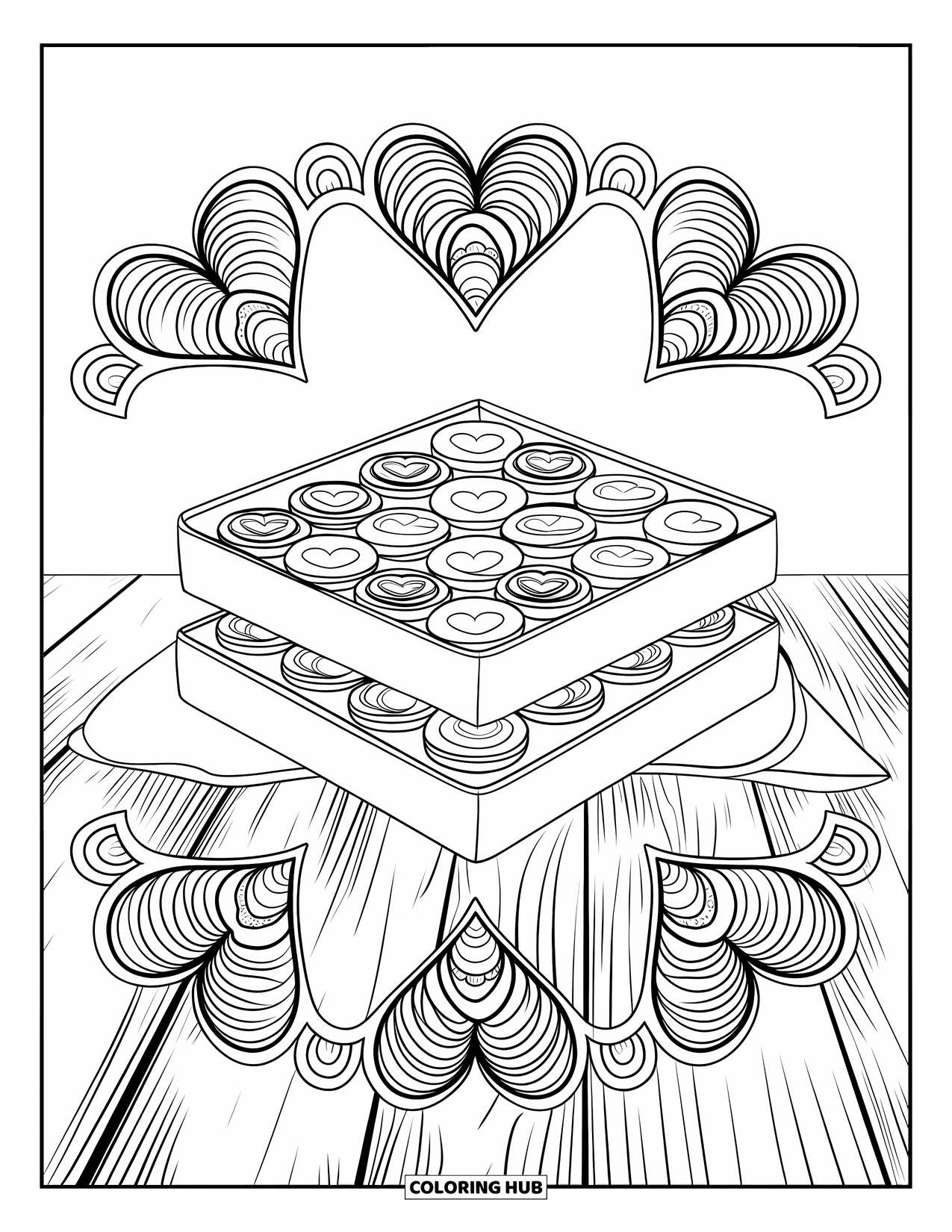 Valentine Coloring Page for Adults: Chocolates with heart mandalas drawn around them