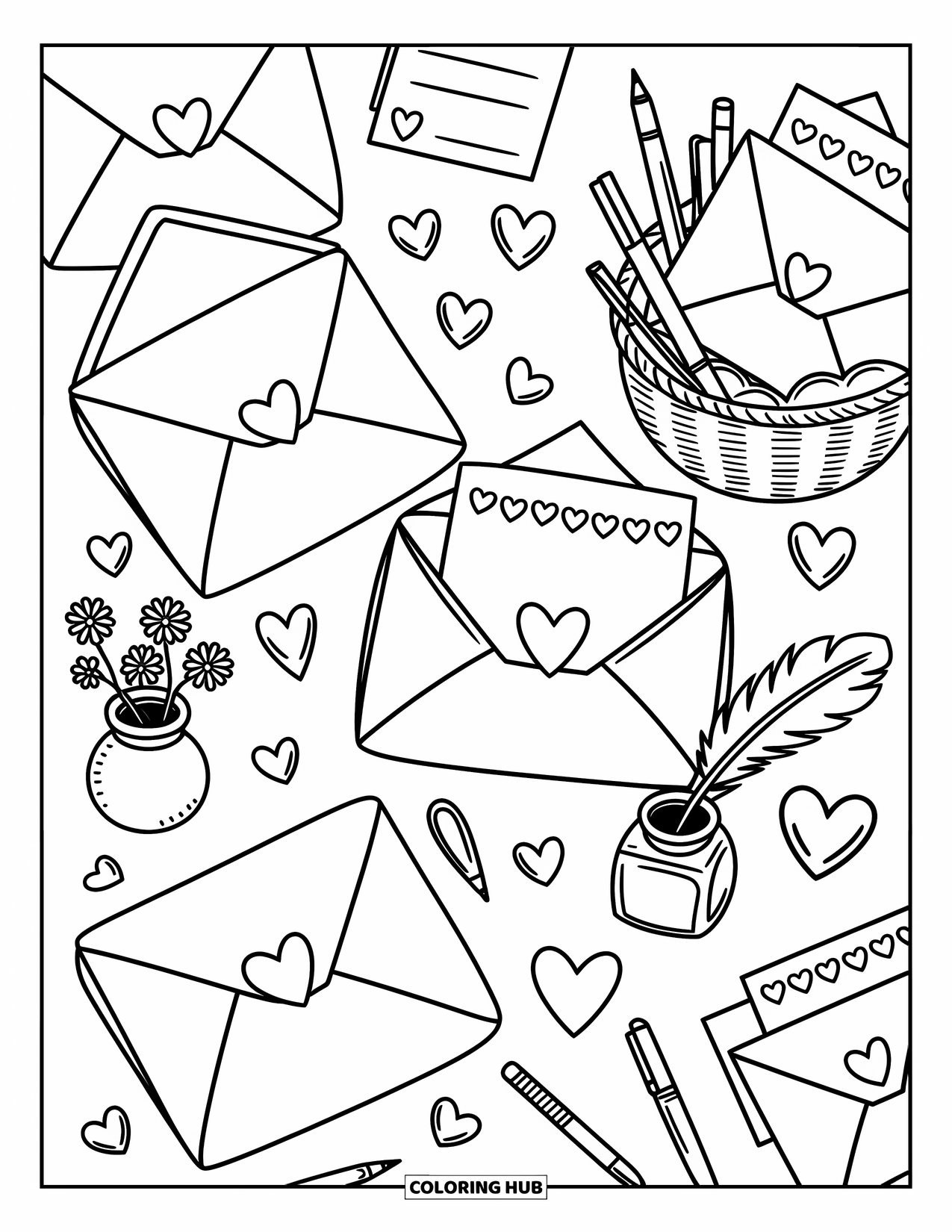 Valentine Coloring Page for Adults: Desk covered in envelopes, flowers, and writing tools