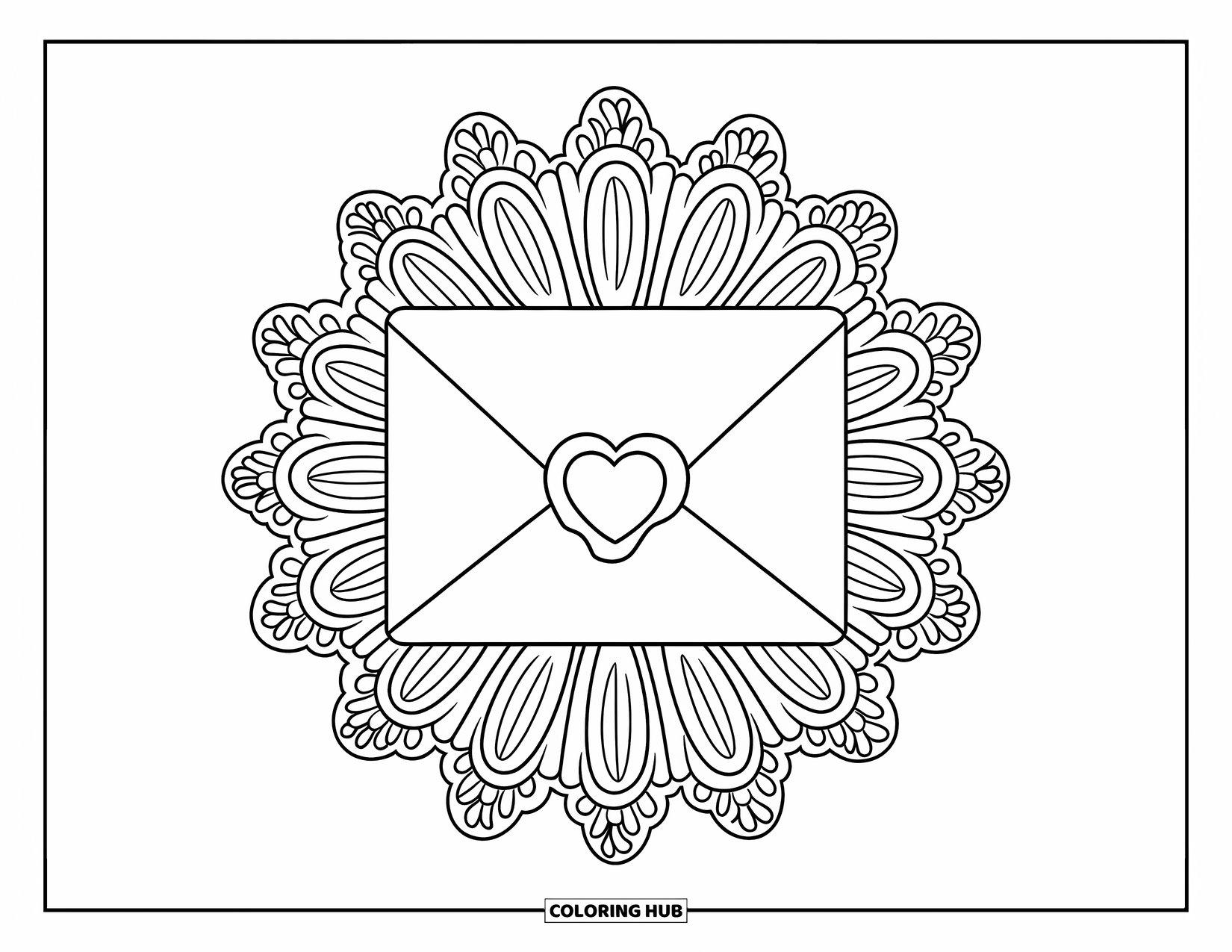 Valentine Coloring Page for Adults: Envelope with heart wax seal framed by lace patterns