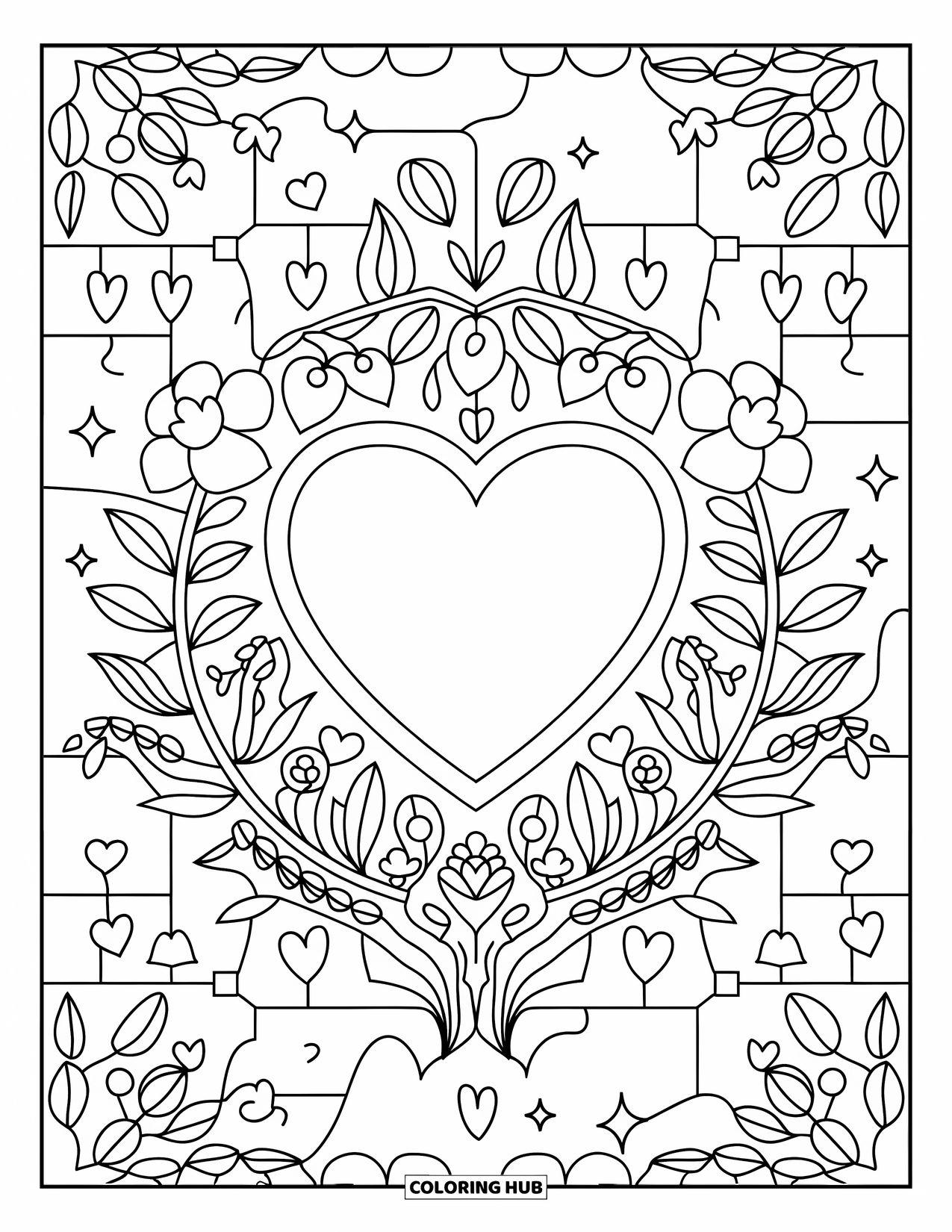Valentine Coloring Page for Adults: Heart locket with vines, stars, and mandala patterns