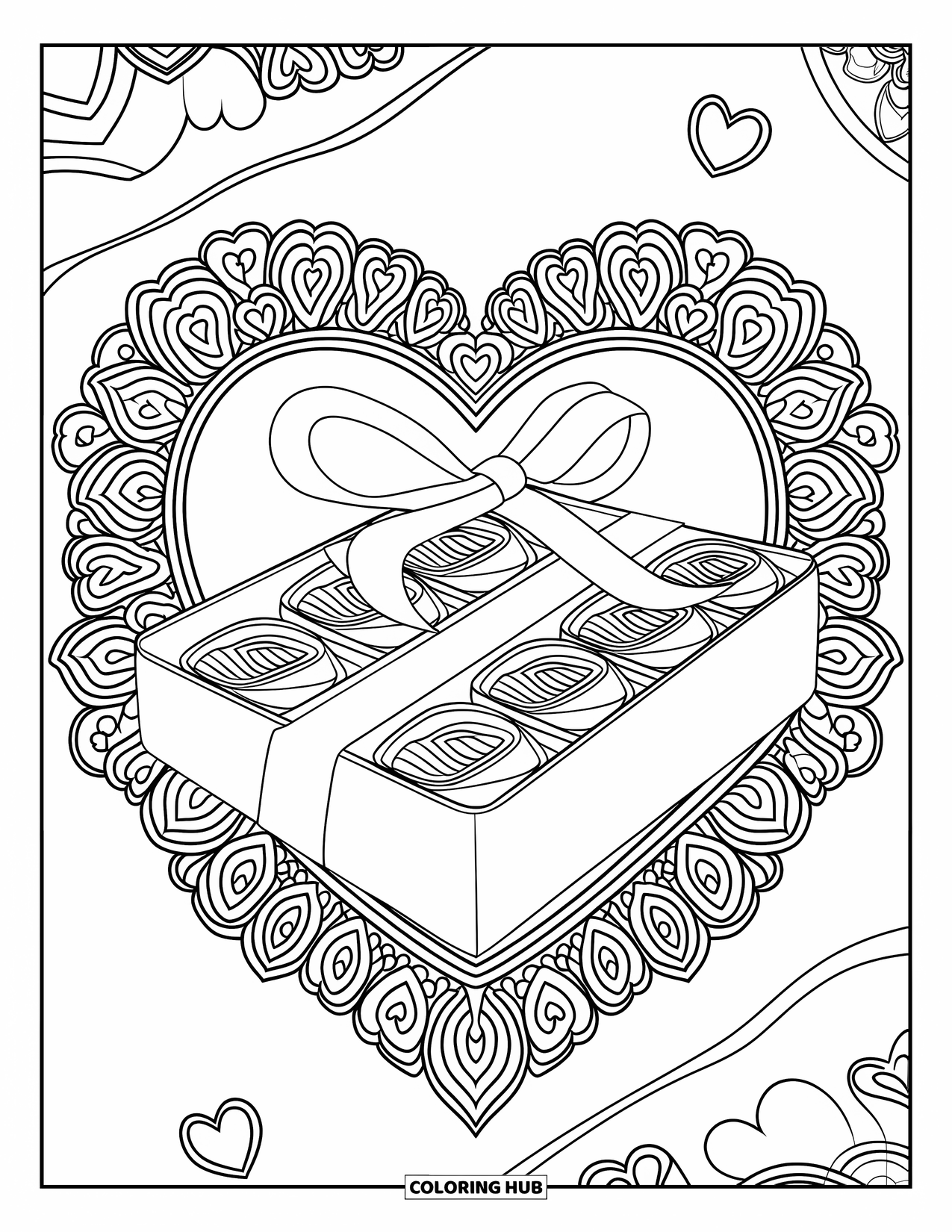 Valentine Coloring Page for Adults: Heart mandala design with a ribboned box of chocolates