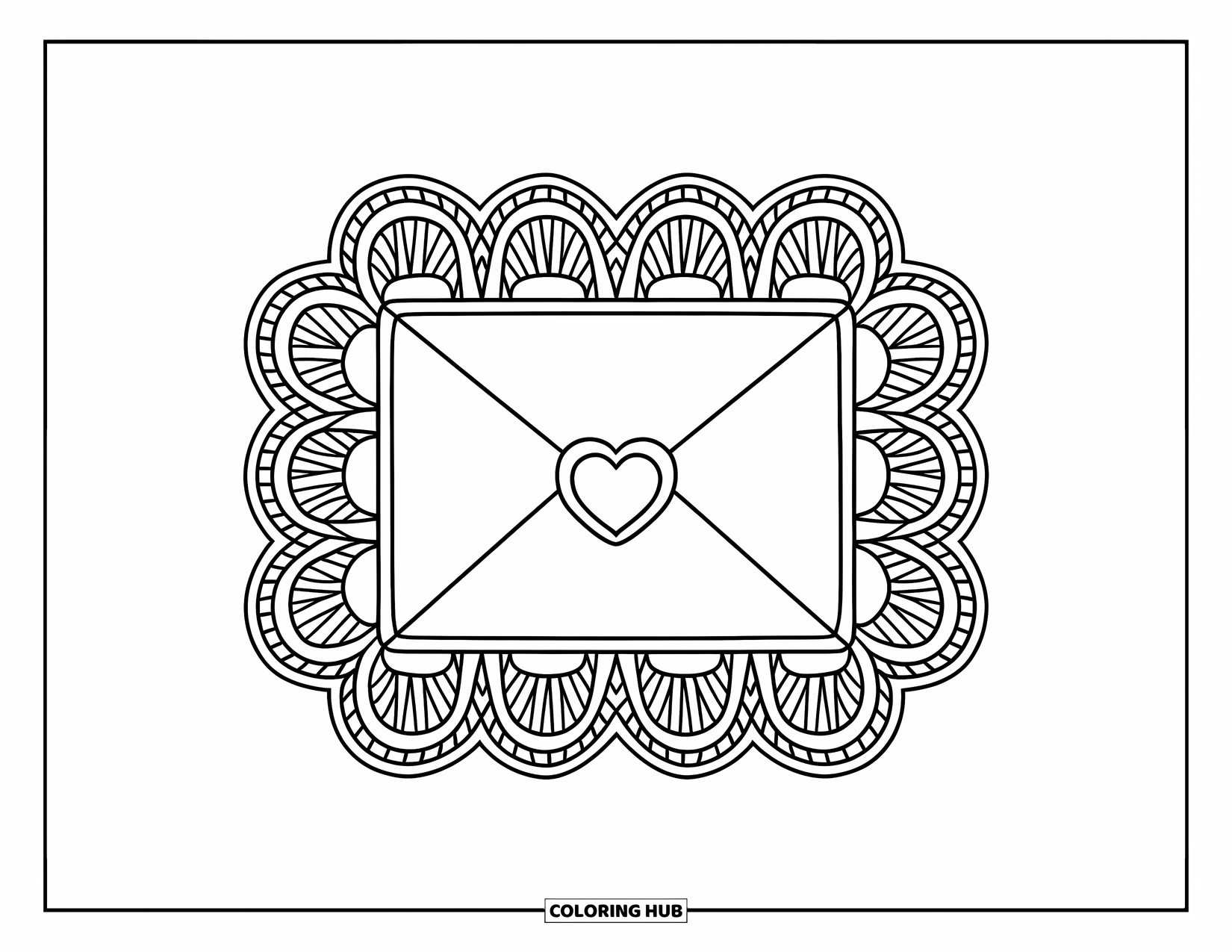 Valentine Coloring Page for Adults: Heart-sealed envelope framed with lace-style patterns