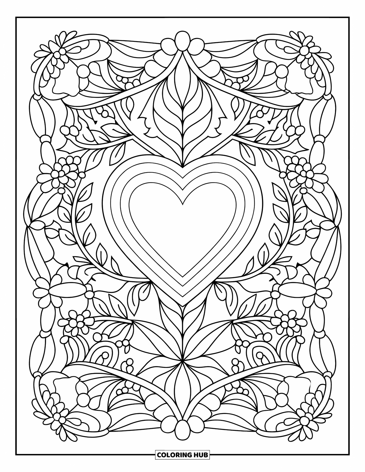 Valentine Coloring Page for Adults: Heart-shaped locket surrounded by botanical mandalas
