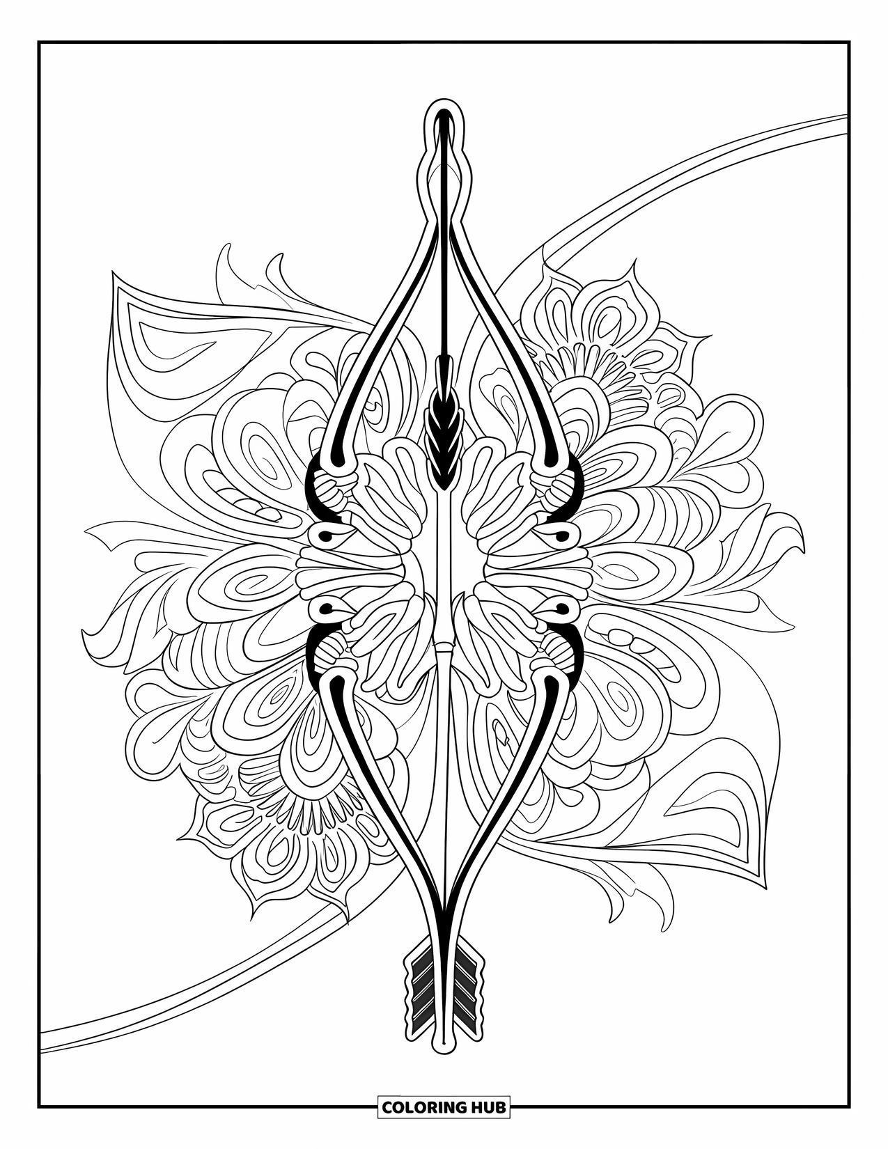 Valentine Coloring Page for Adults: Intricate bow and arrow framed with mandalas