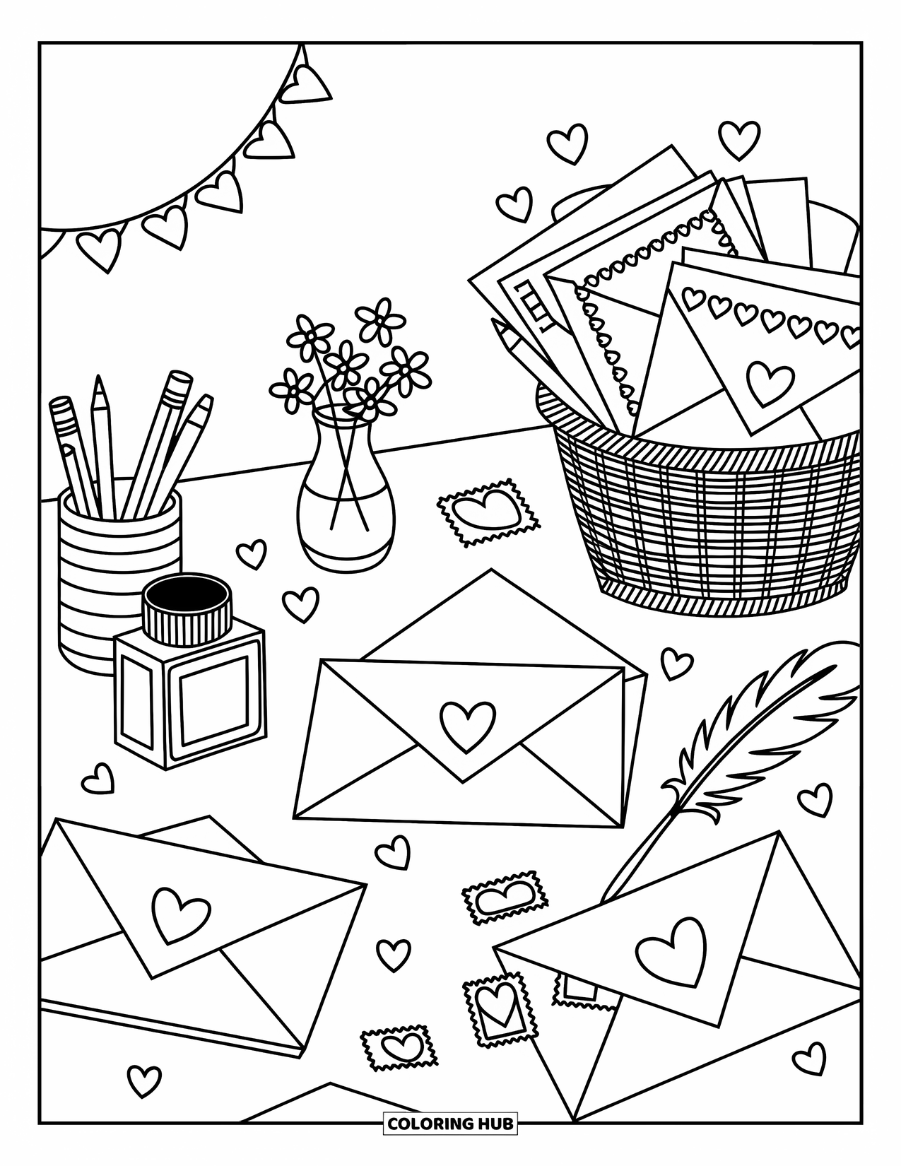 Valentine Coloring Page for Adults: Letters, flowers, and pens scattered across a warm desk