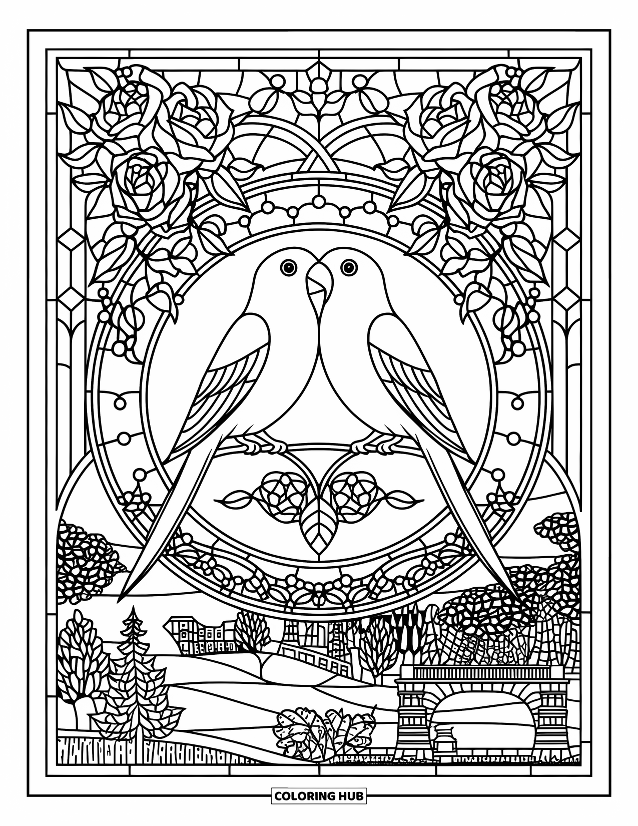 Valentine Coloring Page for Adults: Lovebirds framed by rose vines and stained glass borders