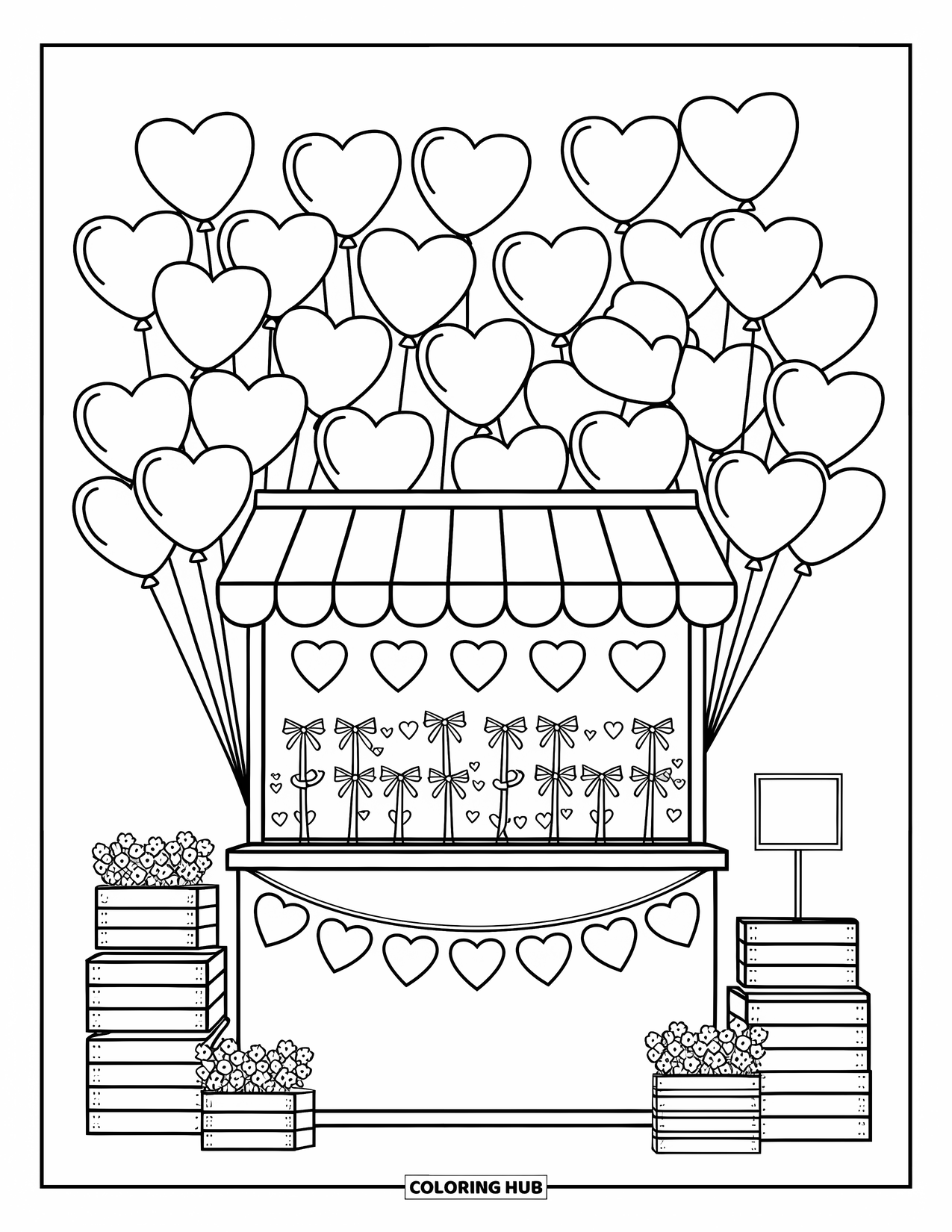 Valentine Coloring Page for Adults: Market stall with bundles of heart-shaped balloons