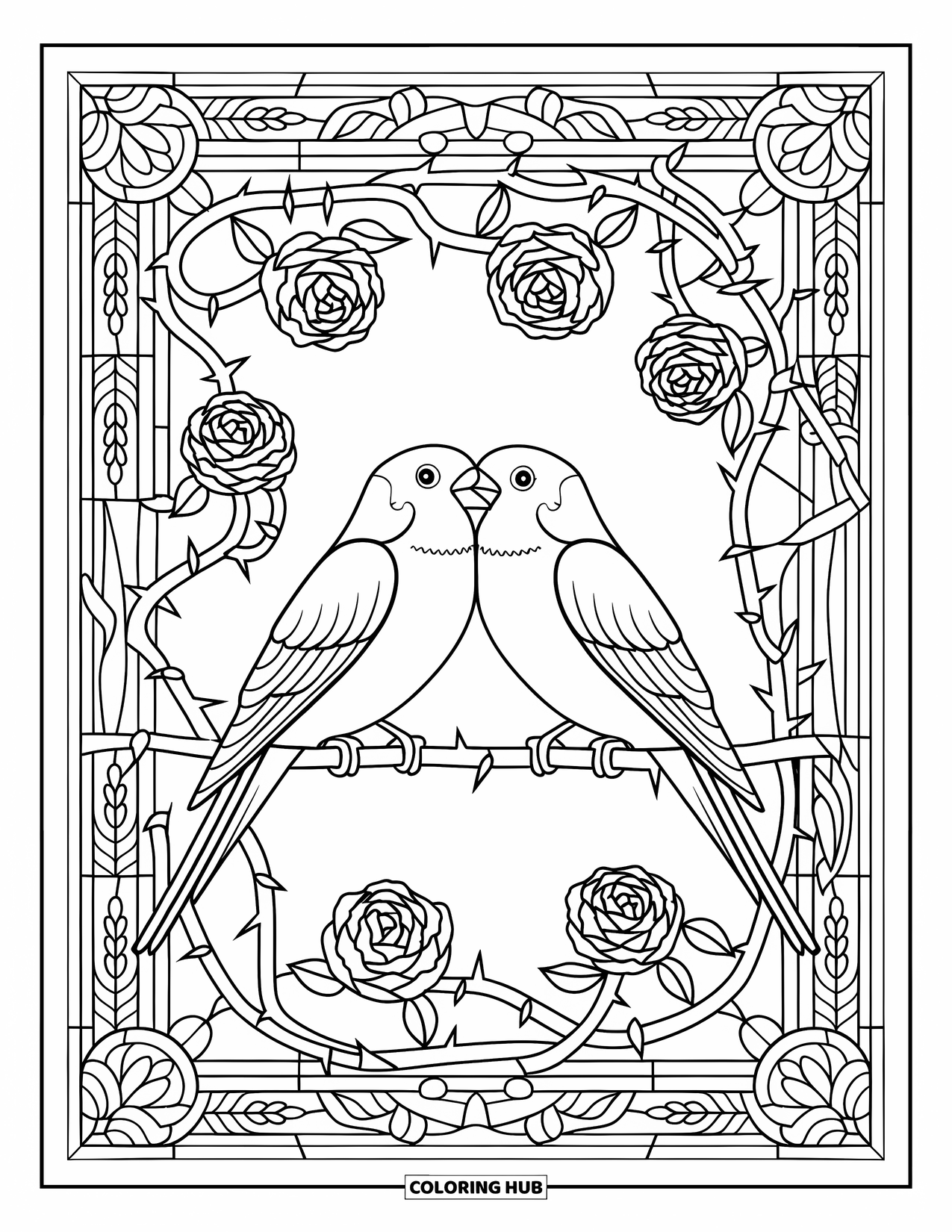 Valentine Coloring Page for Adults: Pair of lovebirds on a branch with stained glass frame