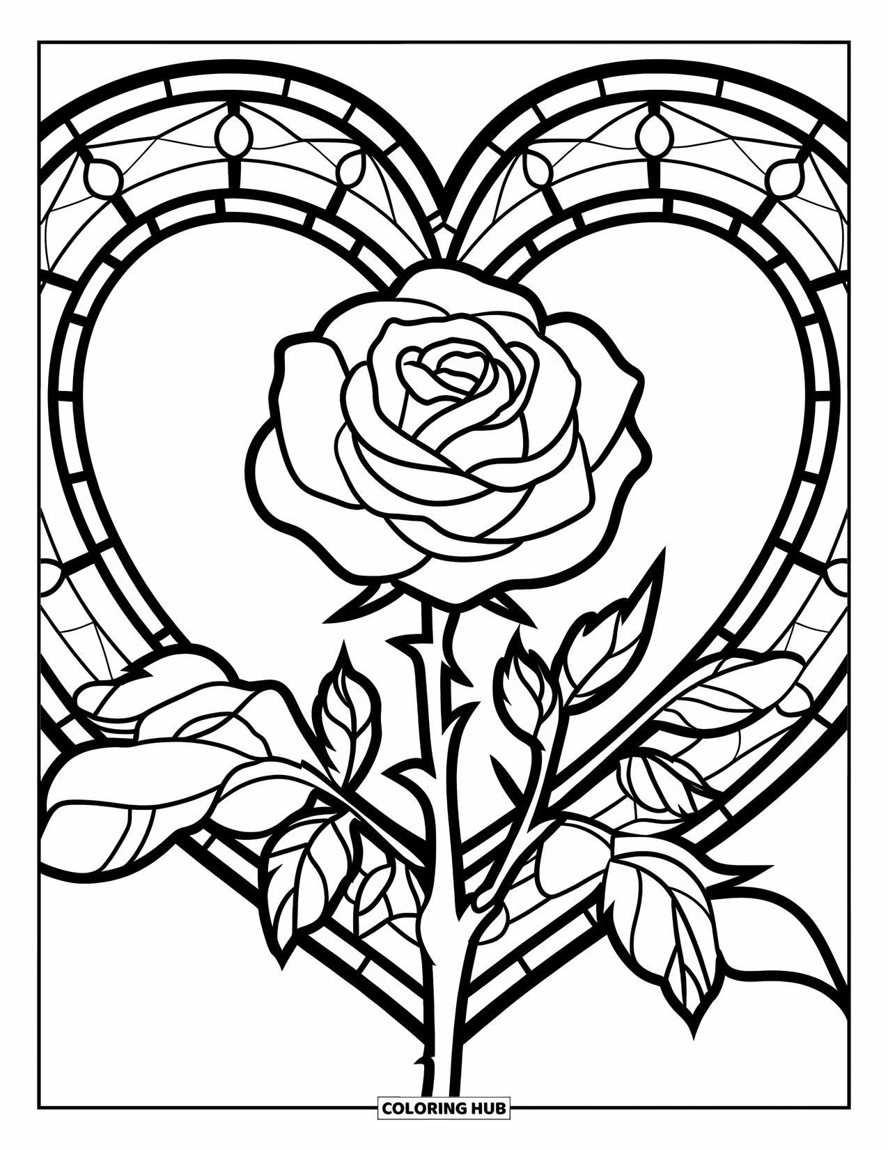 Valentine Coloring Page for Adults: Rose with stained glass heart panels and details