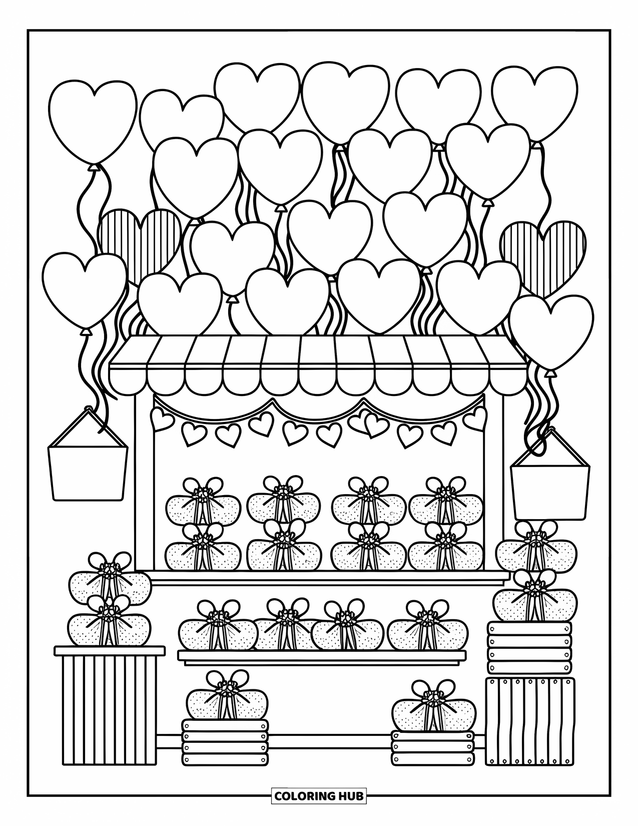 Valentine Coloring Page for Adults: Stall stacked with colorful heart-shaped balloons and ribbons