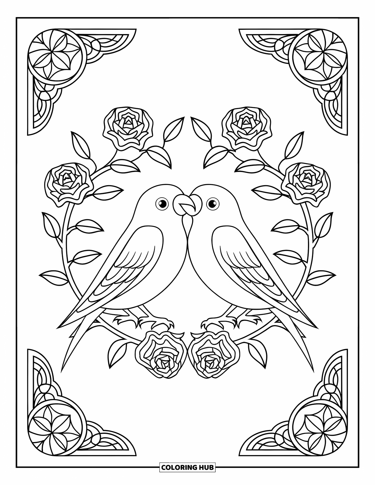 Valentine Coloring Page for Adults: Two lovebirds surrounded by rose vines and stained glass