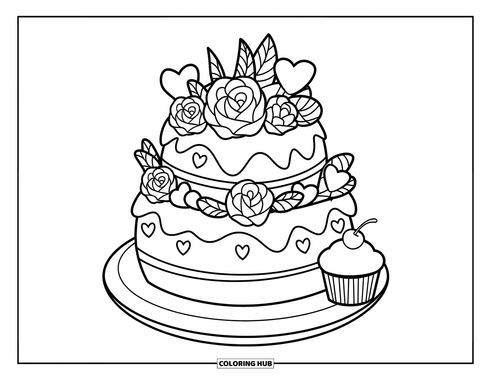 Valentine Coloring Page for Kids: A cake with roses, heart toppings, and a cupcake beside it