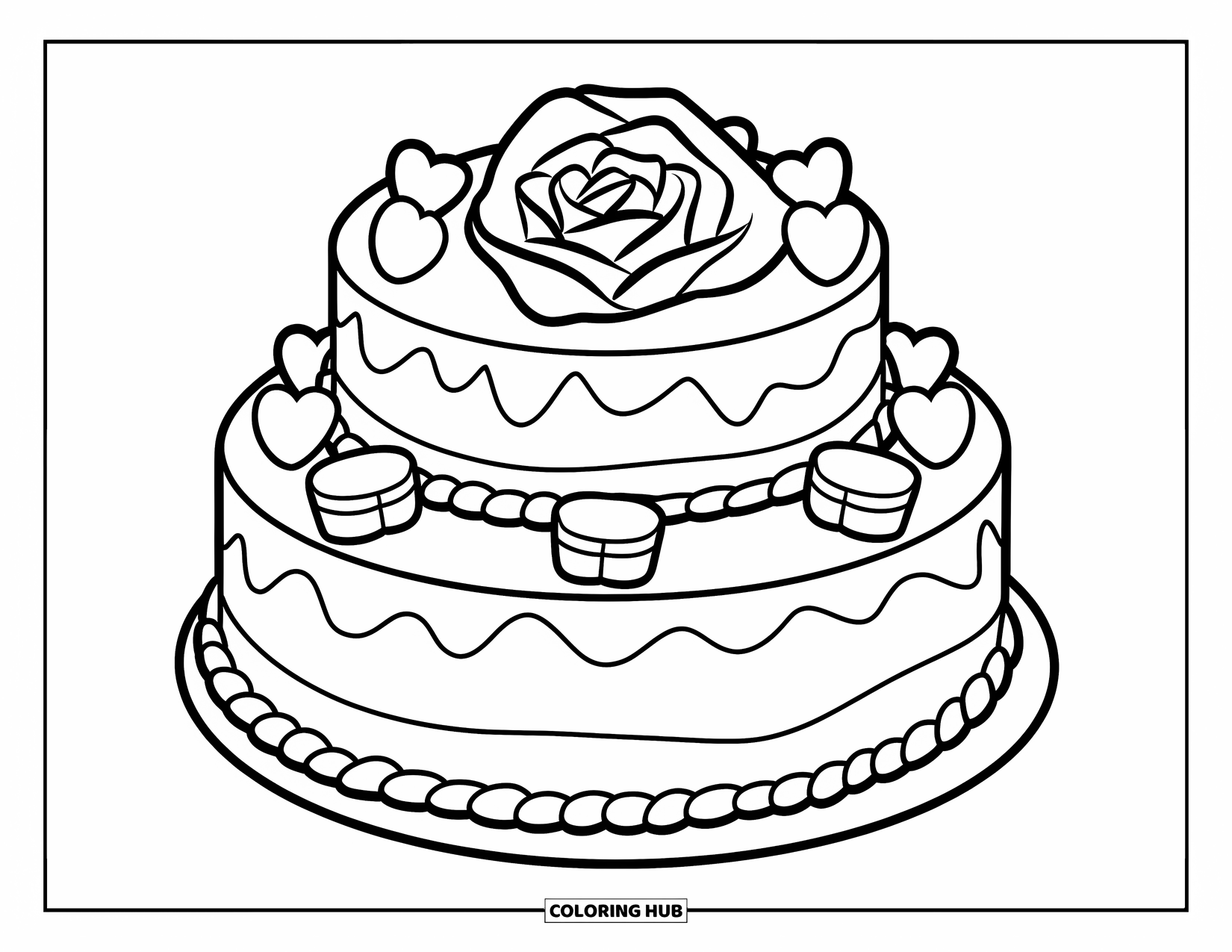 Valentine Coloring Page for Kids: A layered cake decorated with roses and hearts