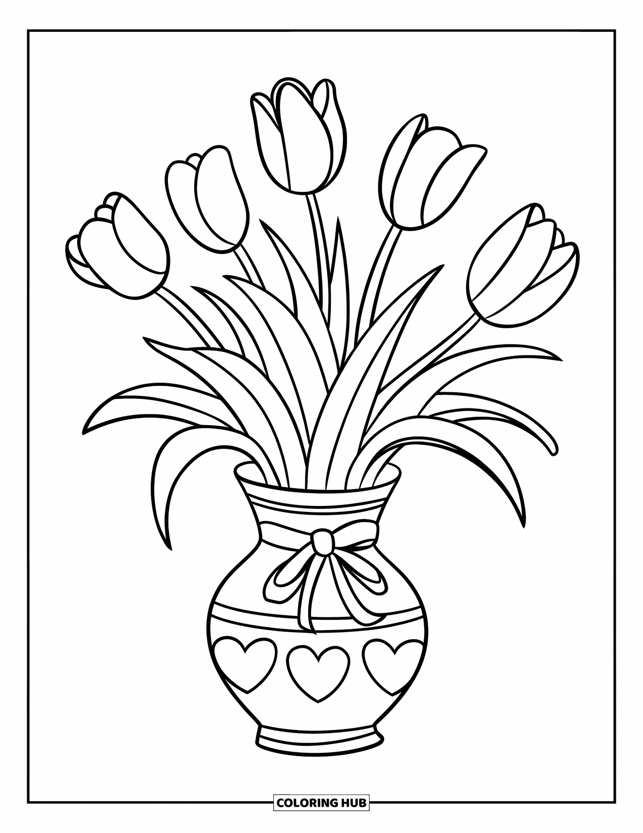Valentine Coloring Page for Kids: Bouquet of tulips in a vase with hearts