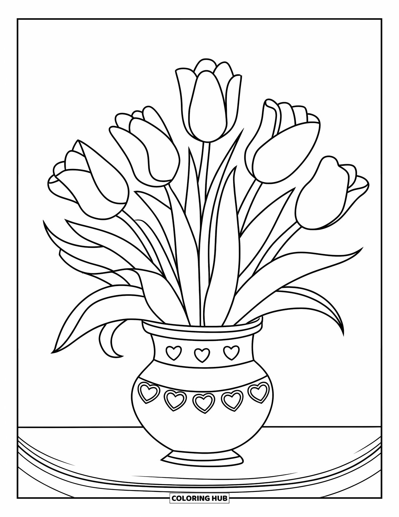 Valentine Coloring Page for Kids: Bouquet of tulips with vase decorations