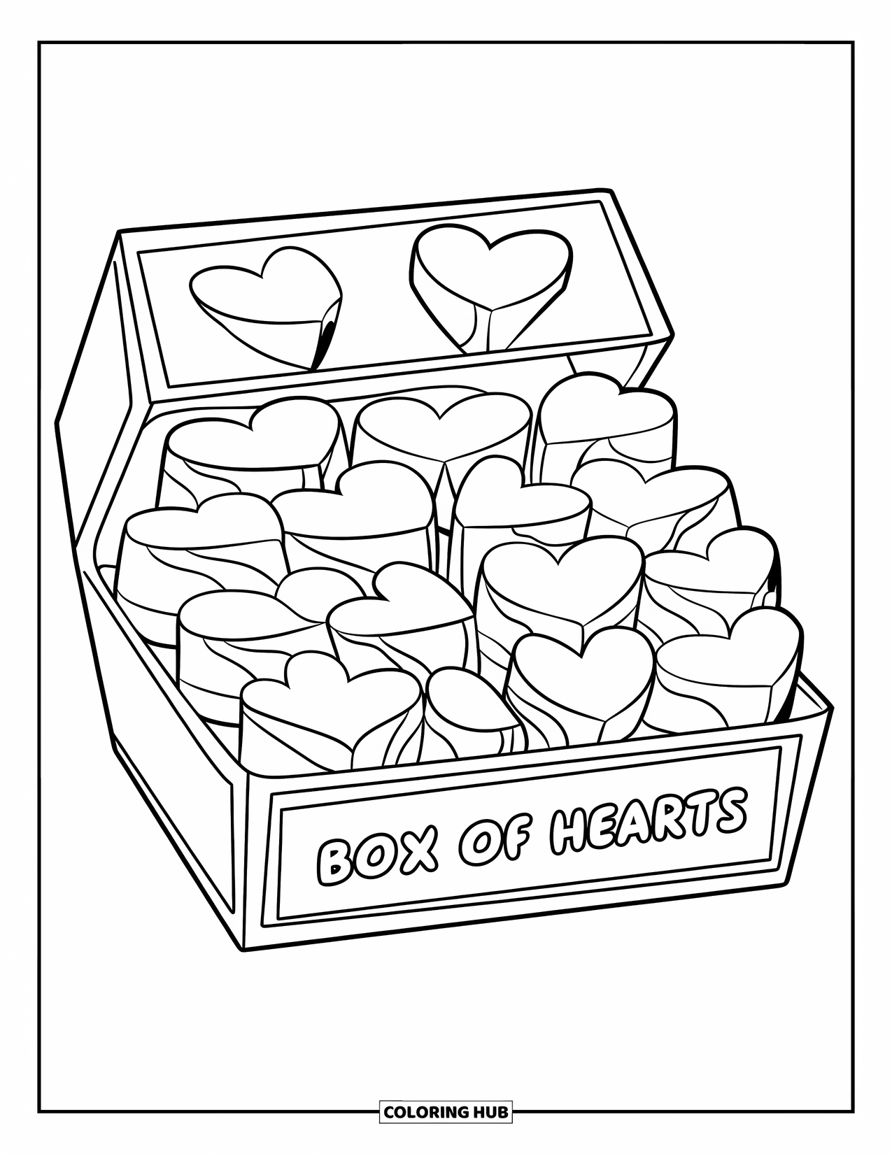 Valentine Coloring Page for Kids: Box of heart-shaped chocolates labeled "Box of Hearts"