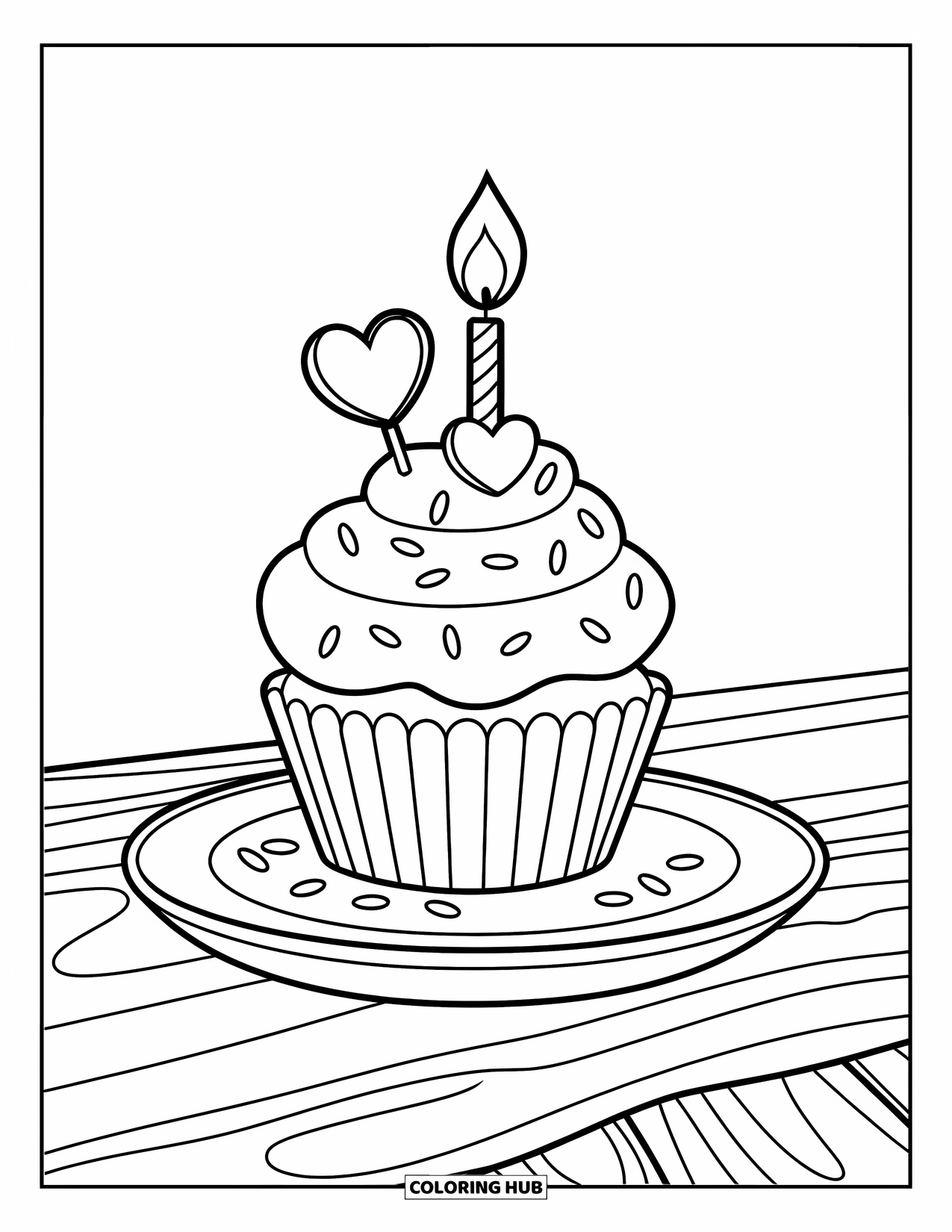 Valentine Coloring Page for Kids: Cupcake on a plate with candle and sprinkles