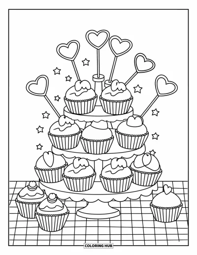 Valentýnská omalovánka pro děti: Věžička z cupcaků na kostkovaném stole