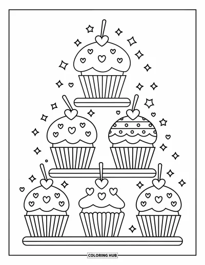 Valentýnská omalovánka pro děti: Věžička z cupcaků ozdobená srdíčky a hvězdičkami