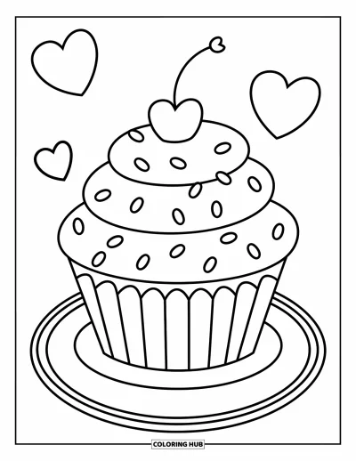 Valentýnská omalovánka pro děti: Cupcake se srdíčkem na špejli a srdíčky kolem