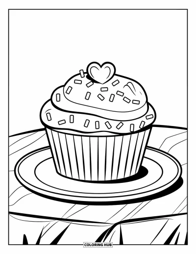 Valentýnská omalovánka pro děti: Cupcake se srdíčkem a posypkou na talířku