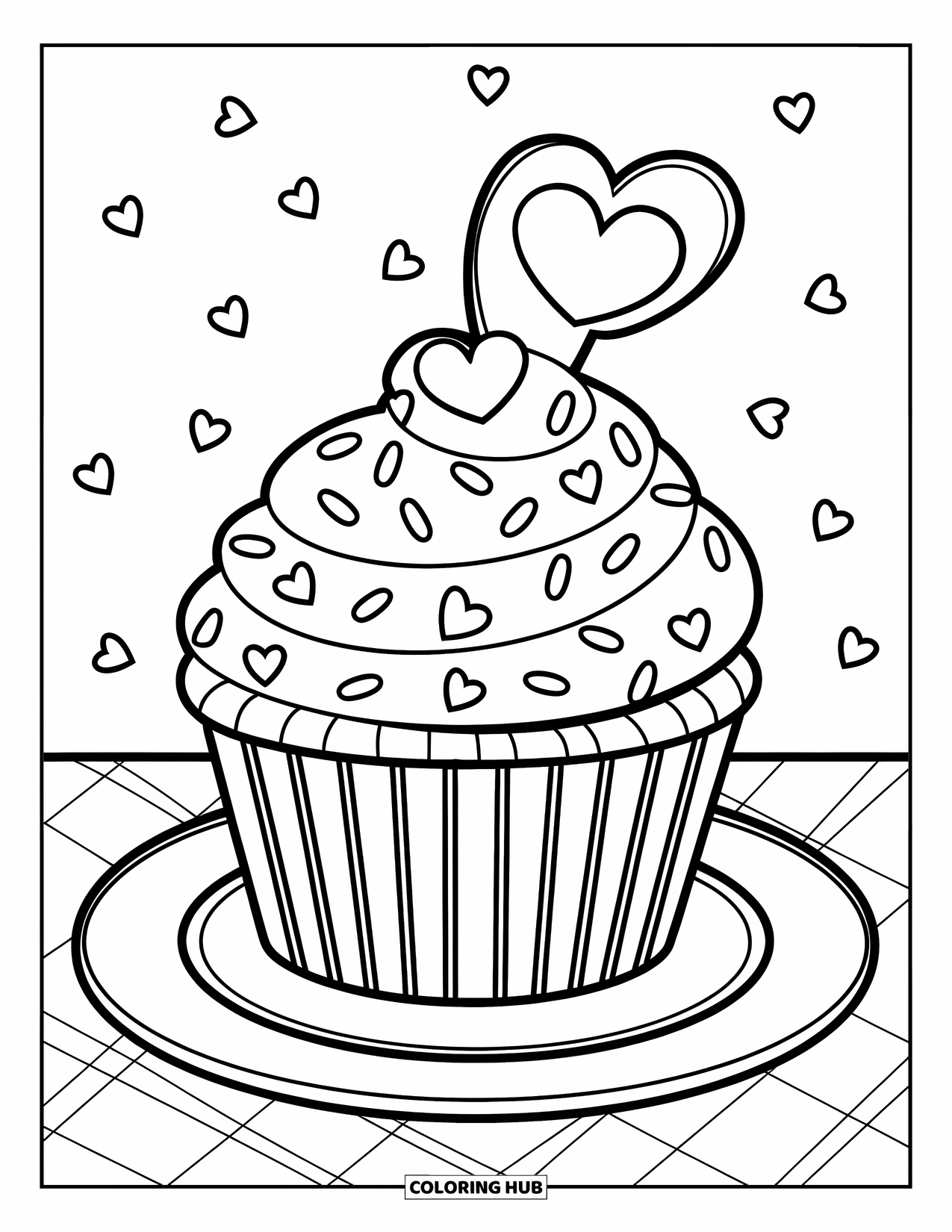 Valentine Coloring Page for Kids: Cupcake with sprinkles and heart topper