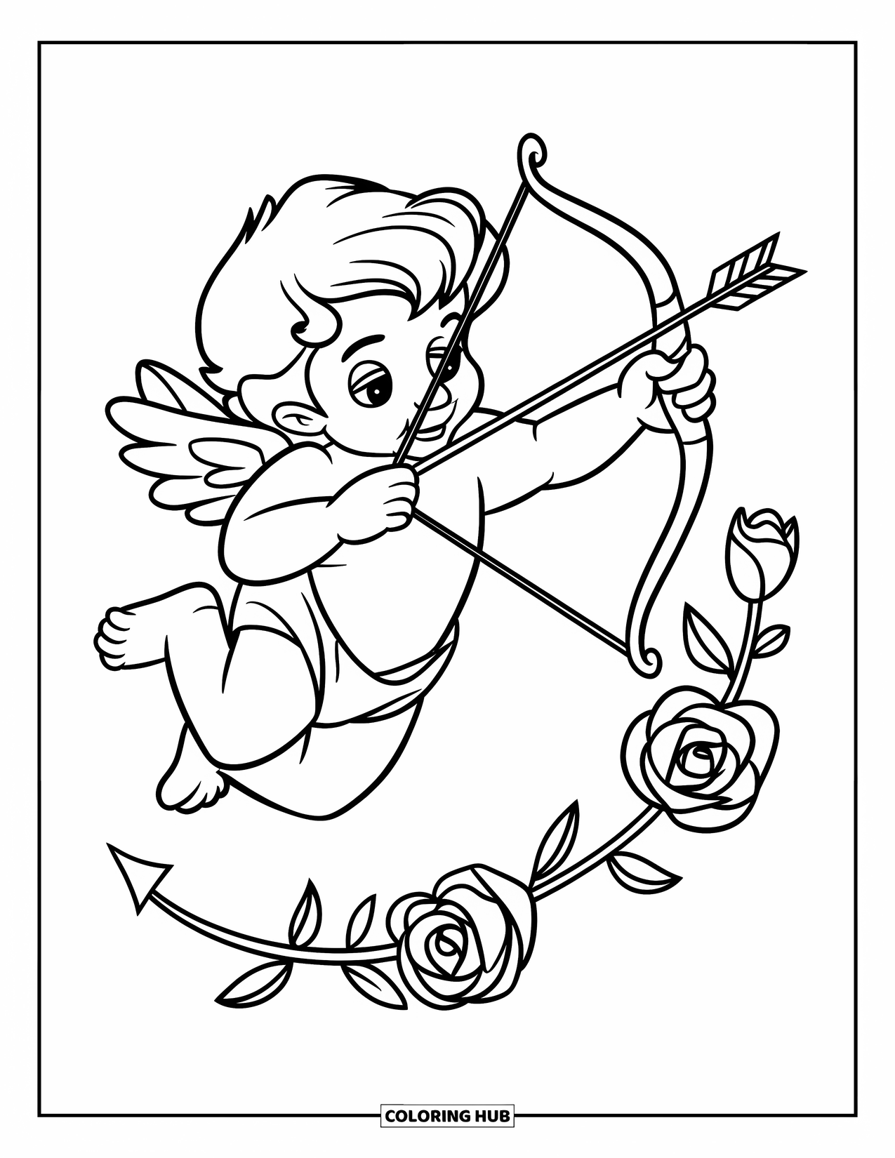 Valentine Coloring Page for Kids: Cupid with bow and arrow crossing a rose heart