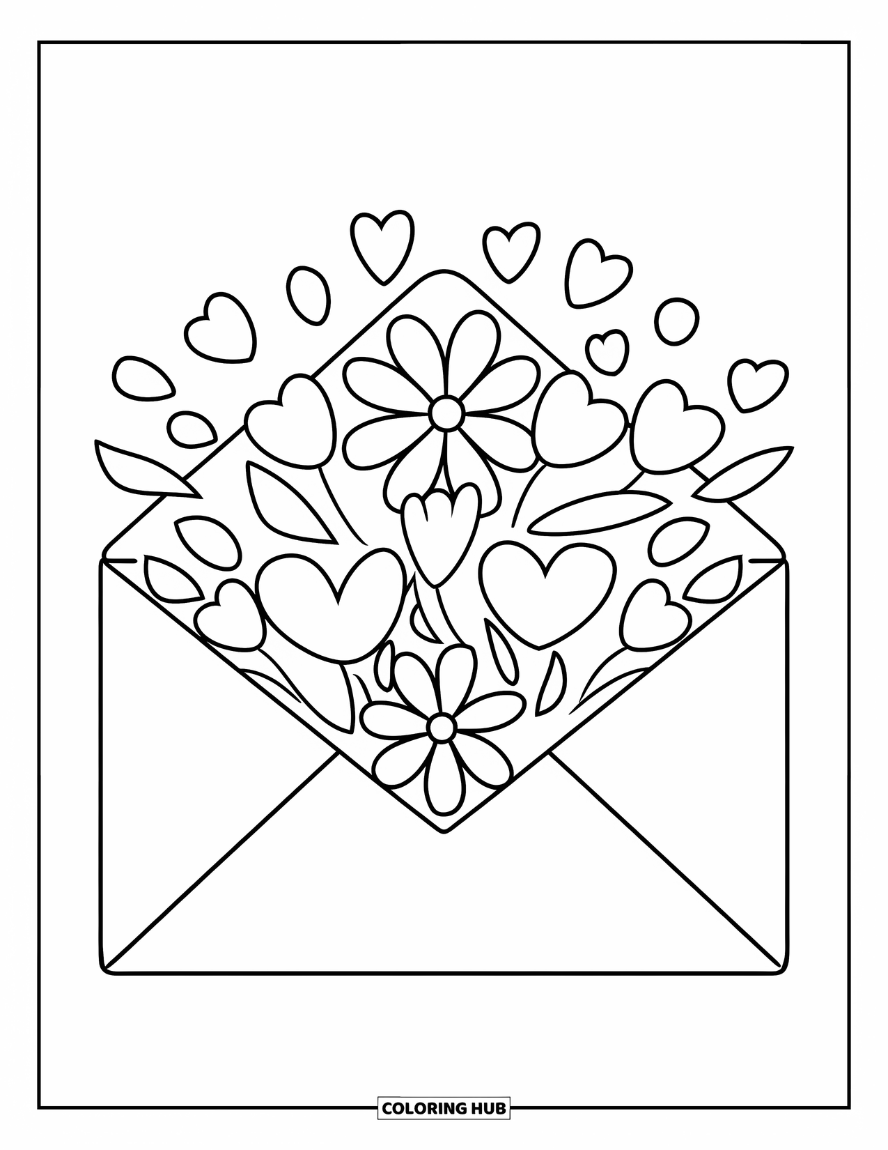 Valentine Coloring Page for Kids: Envelope with hearts and petals bursting out