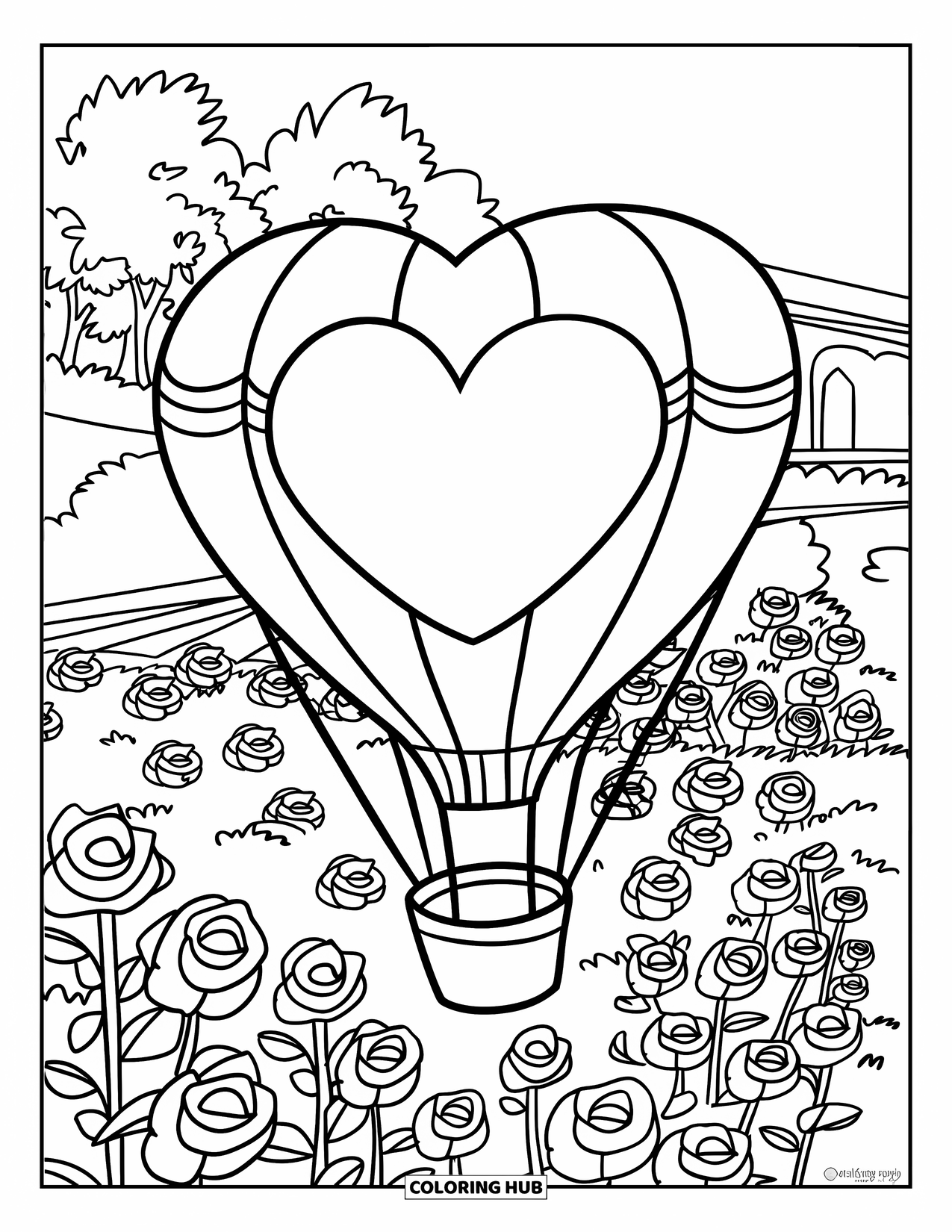 Valentine Coloring Page for Kids: Heart balloon floating above roses and trees