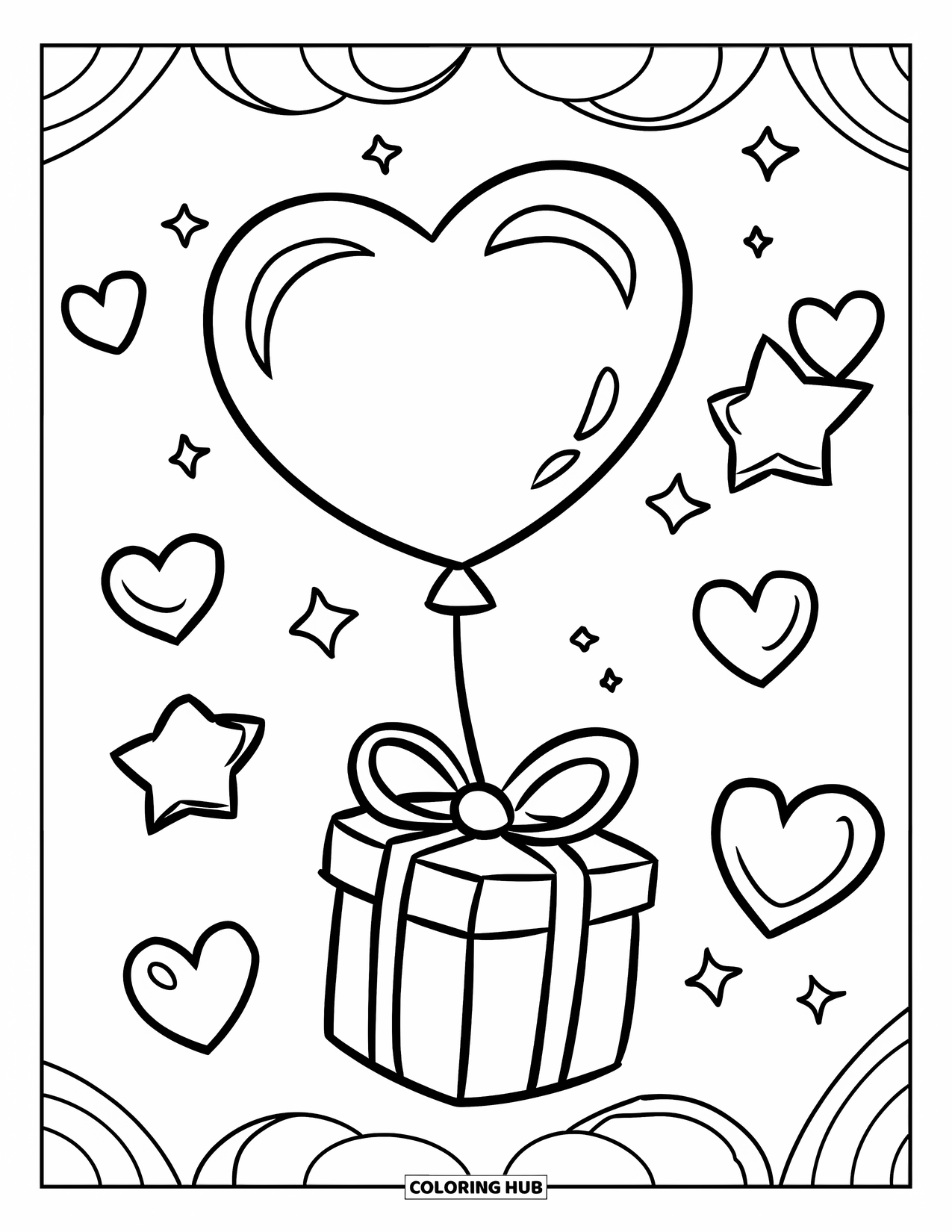 Valentine Coloring Page for Kids: Heart balloon tied to gift box with stars
