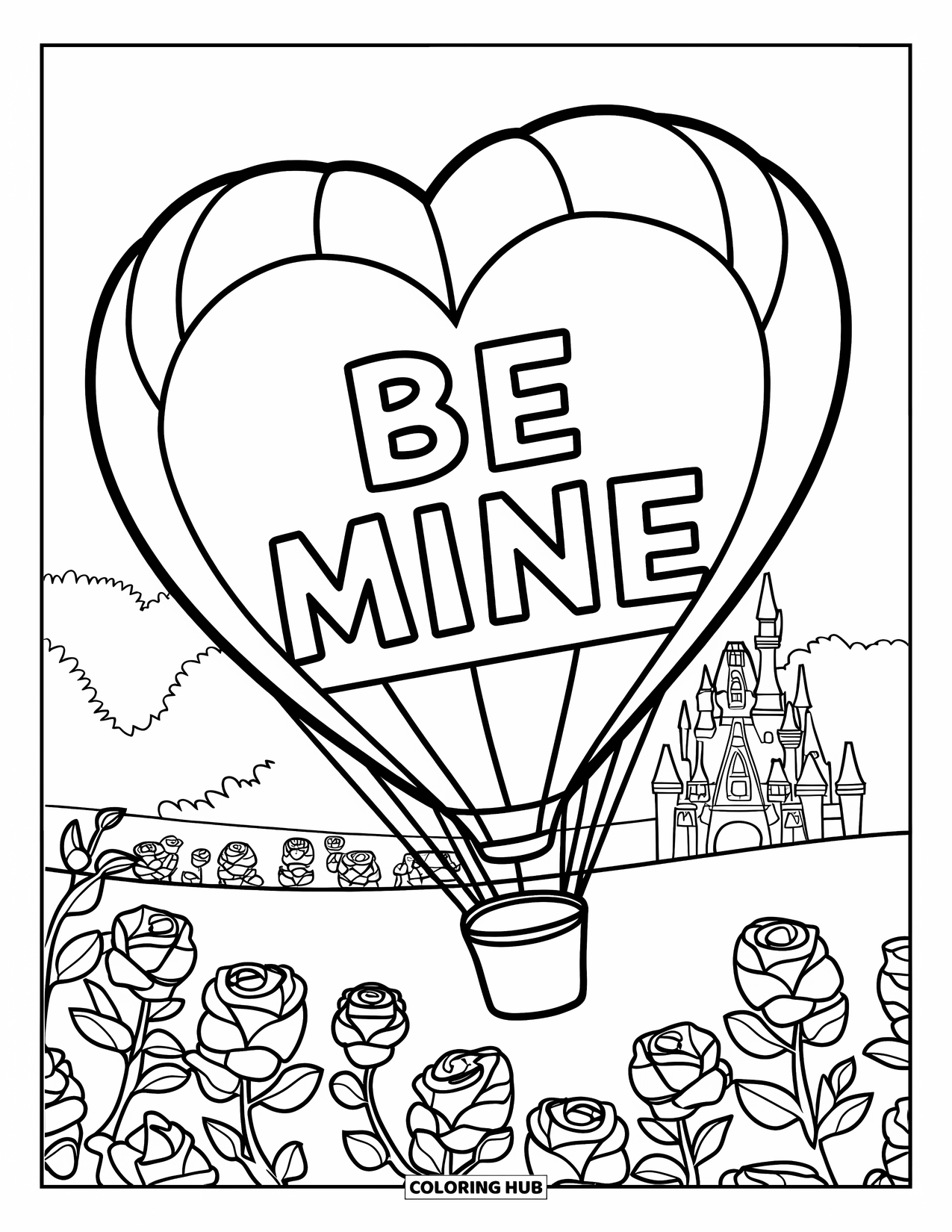Valentine Coloring Page for Kids: Heart balloon with "Be Mine" above a rose field