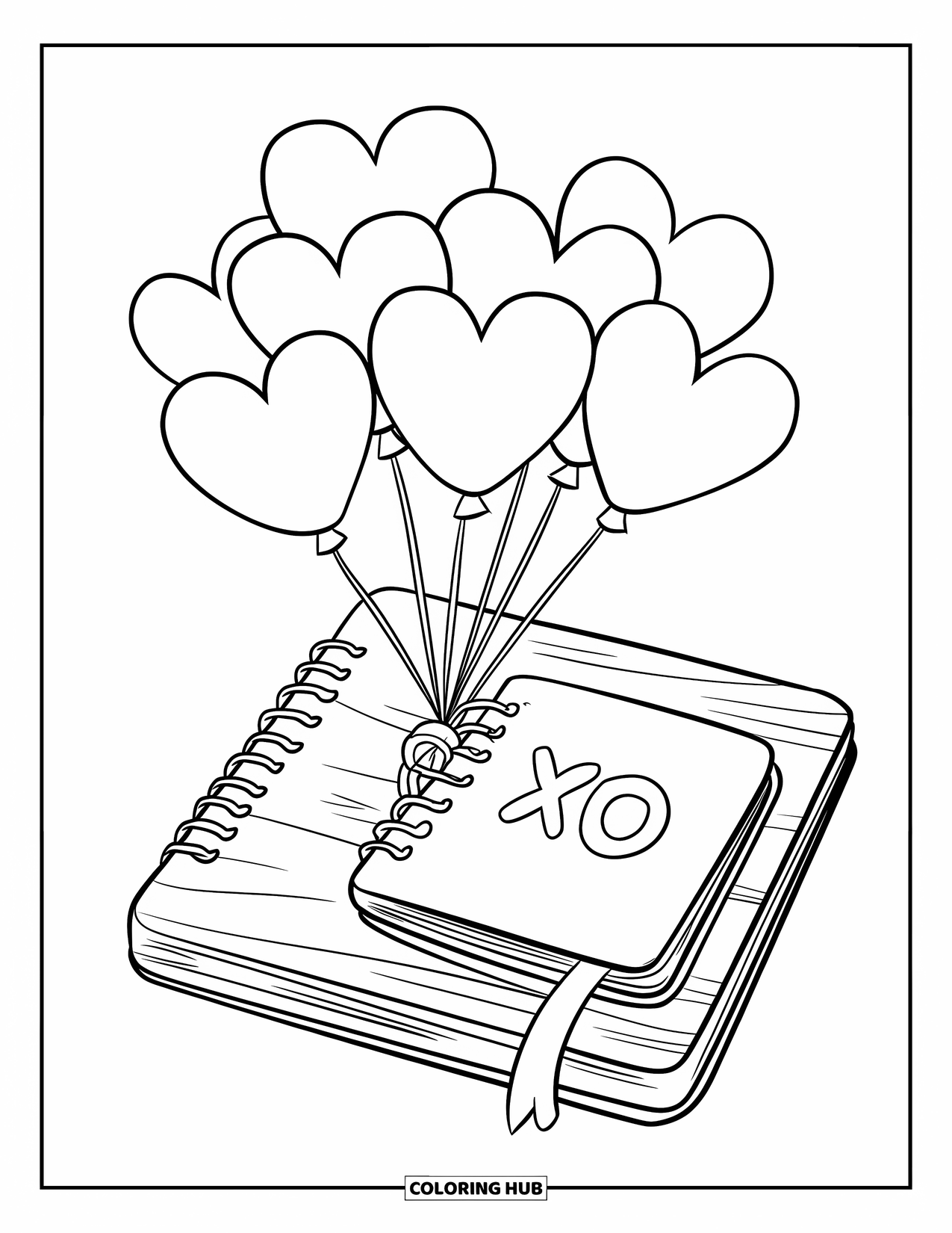 Valentine Coloring Page for Kids: Heart balloons tied to a notebook on a wooden board