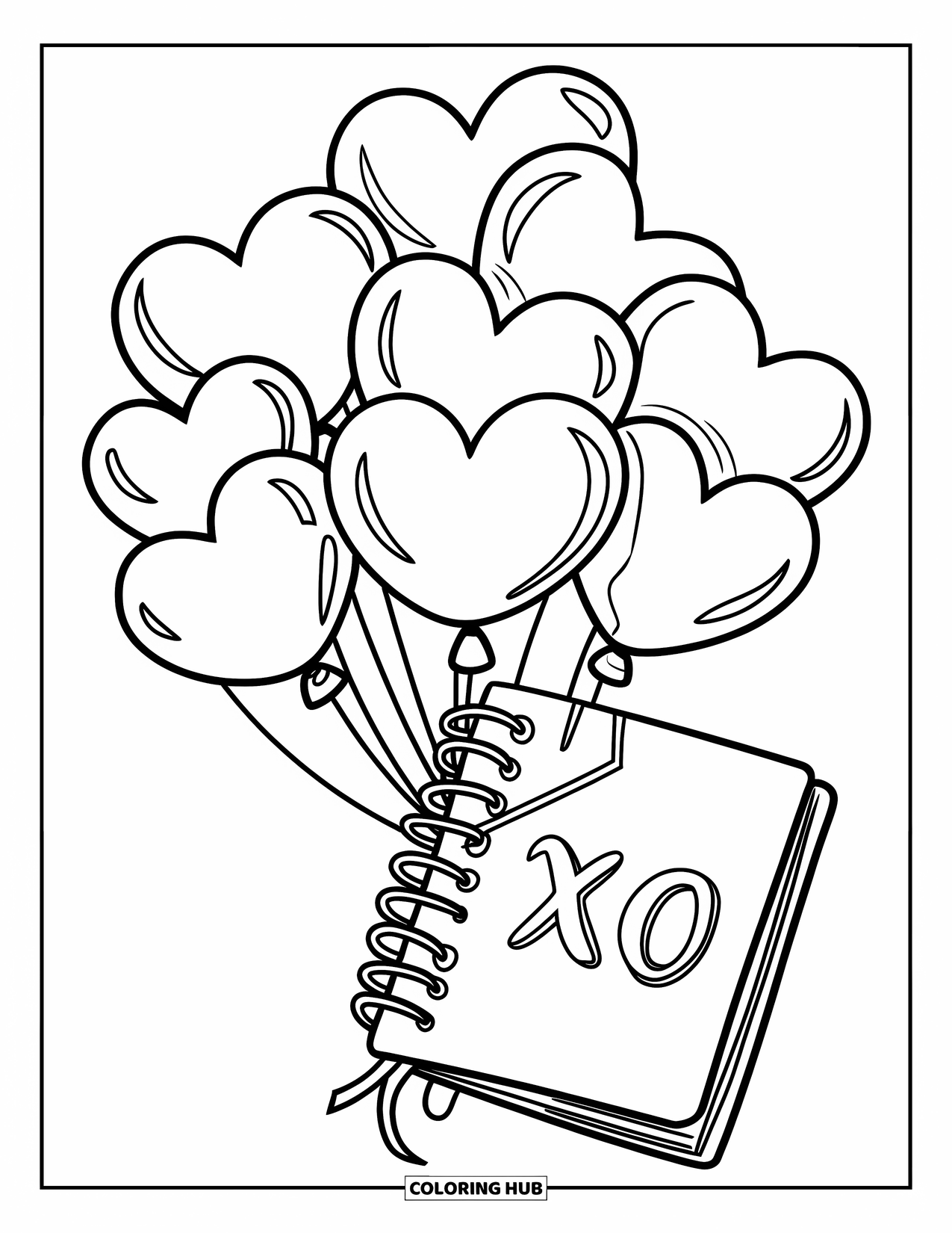 Valentine Coloring Page for Kids: Heart-shaped balloons tied to a notebook with "XO"