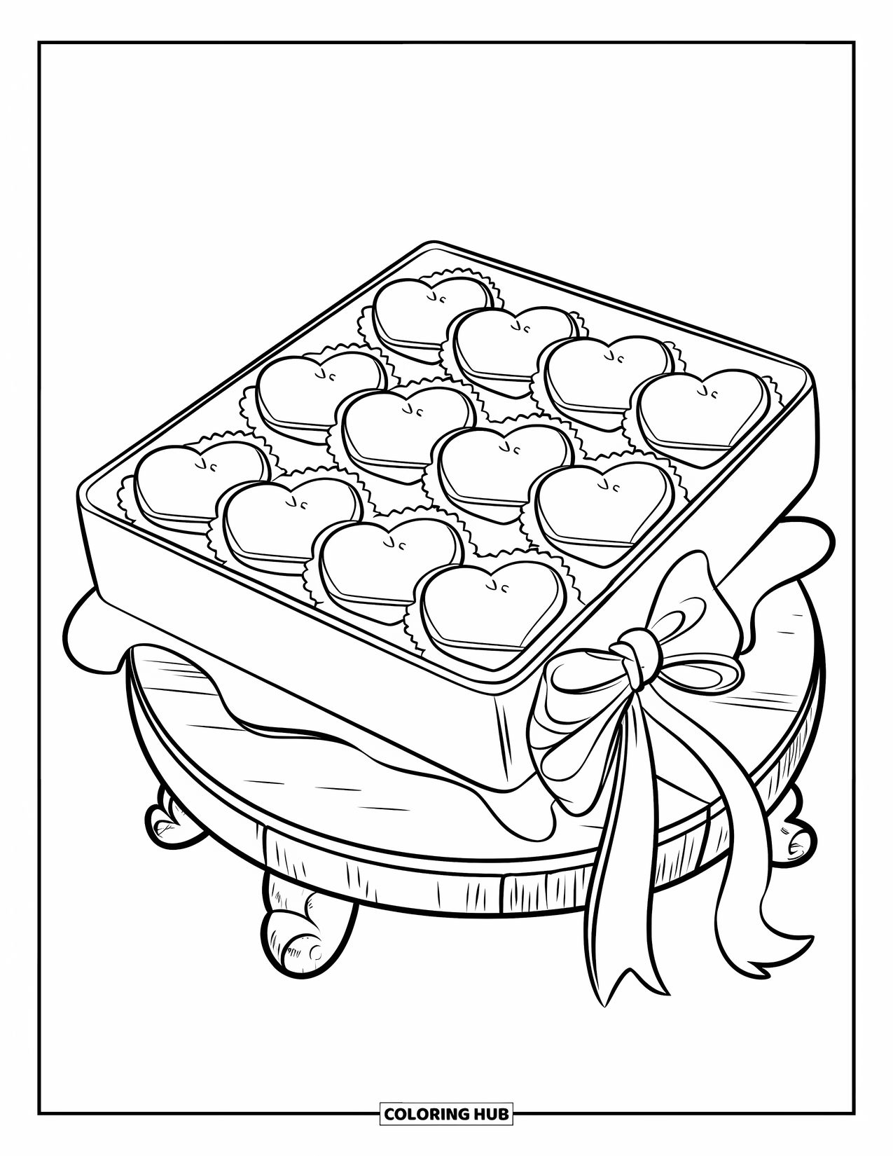 Valentine Coloring Page for Kids: Heart-shaped chocolates inside a gift box with ribbon