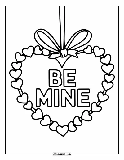 Valentýnská omalovánka pro děti: Věnec ze srdíček s nápisem "Be Mine" a stuhou