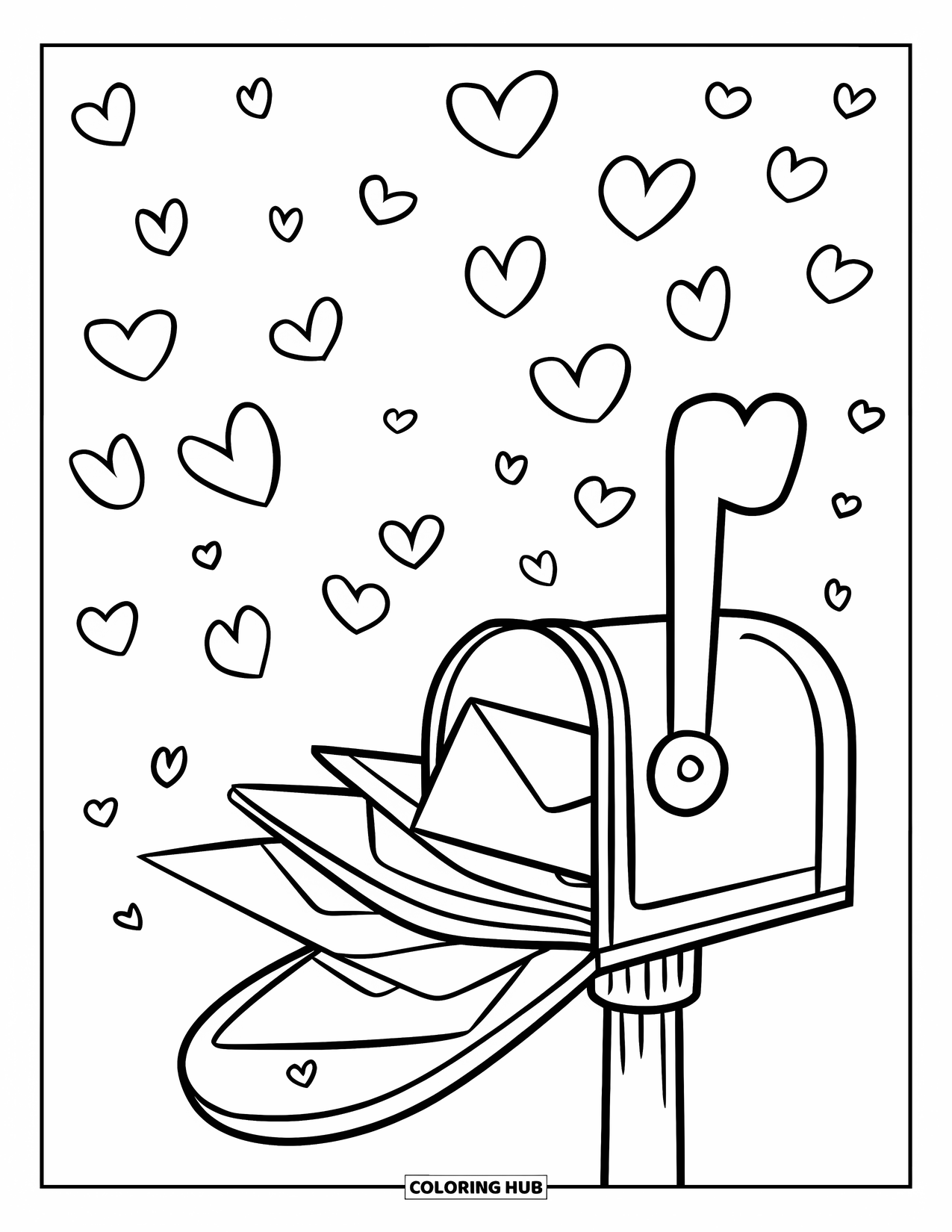 Valentine Coloring Page for Kids: Mailbox with envelopes spilling out and confetti