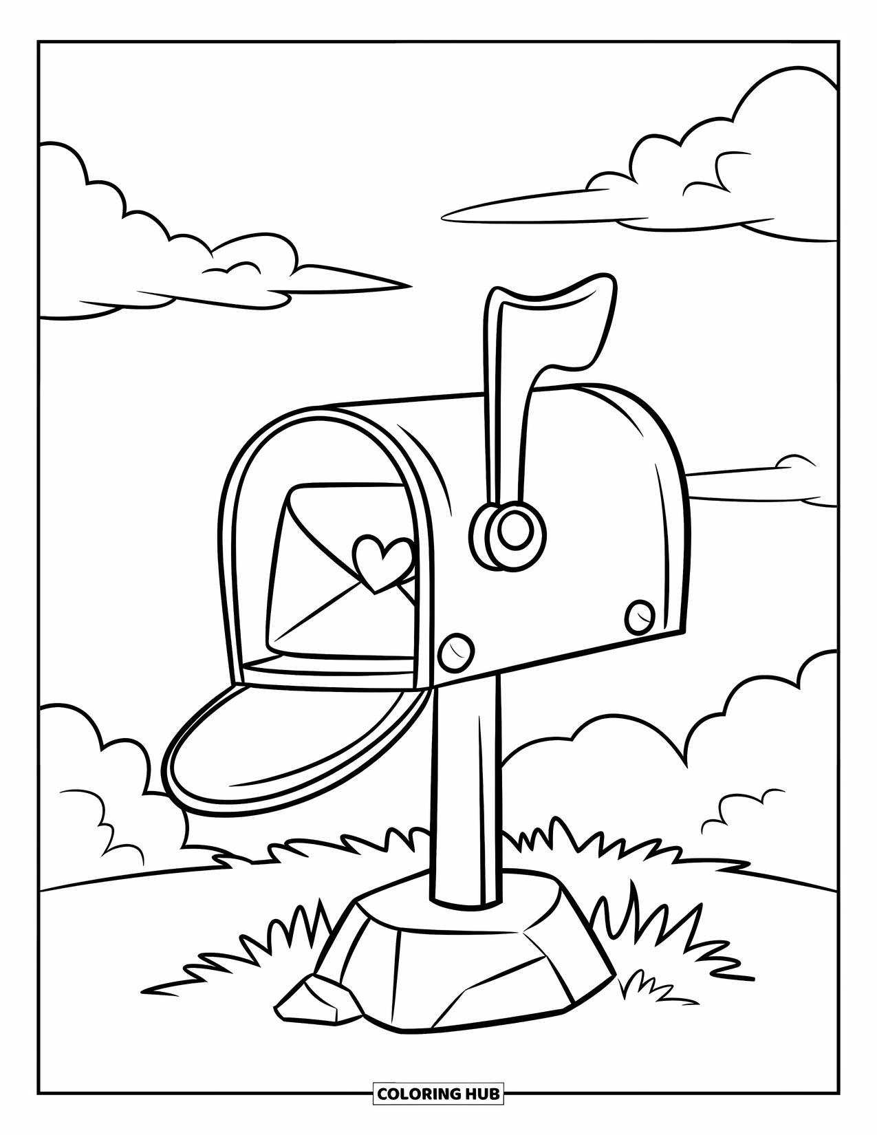 Valentine Coloring Page for Kids: Mailbox with heart envelope under clear sky