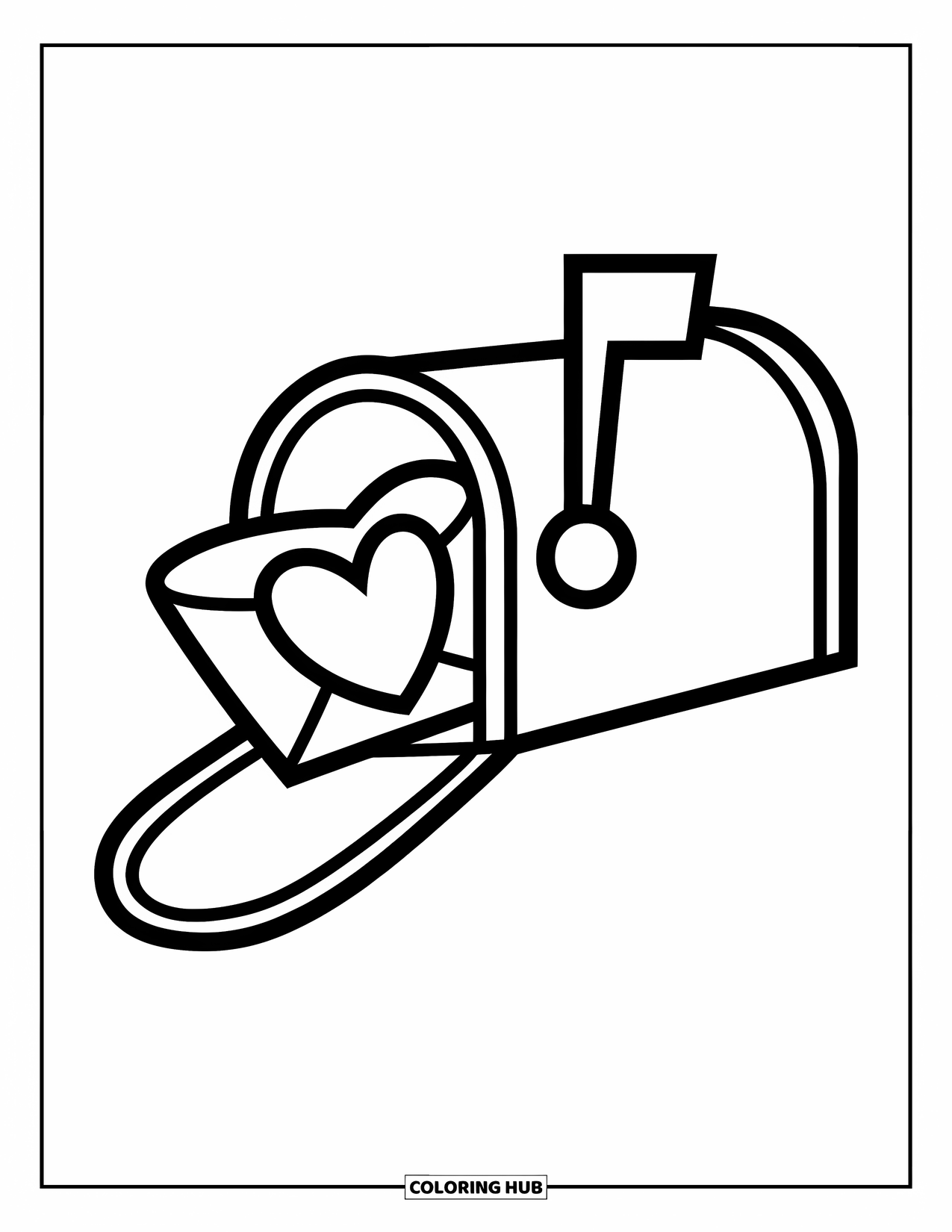 Valentine Coloring Page for Kids: Simple mailbox with a heart-shaped envelope inside