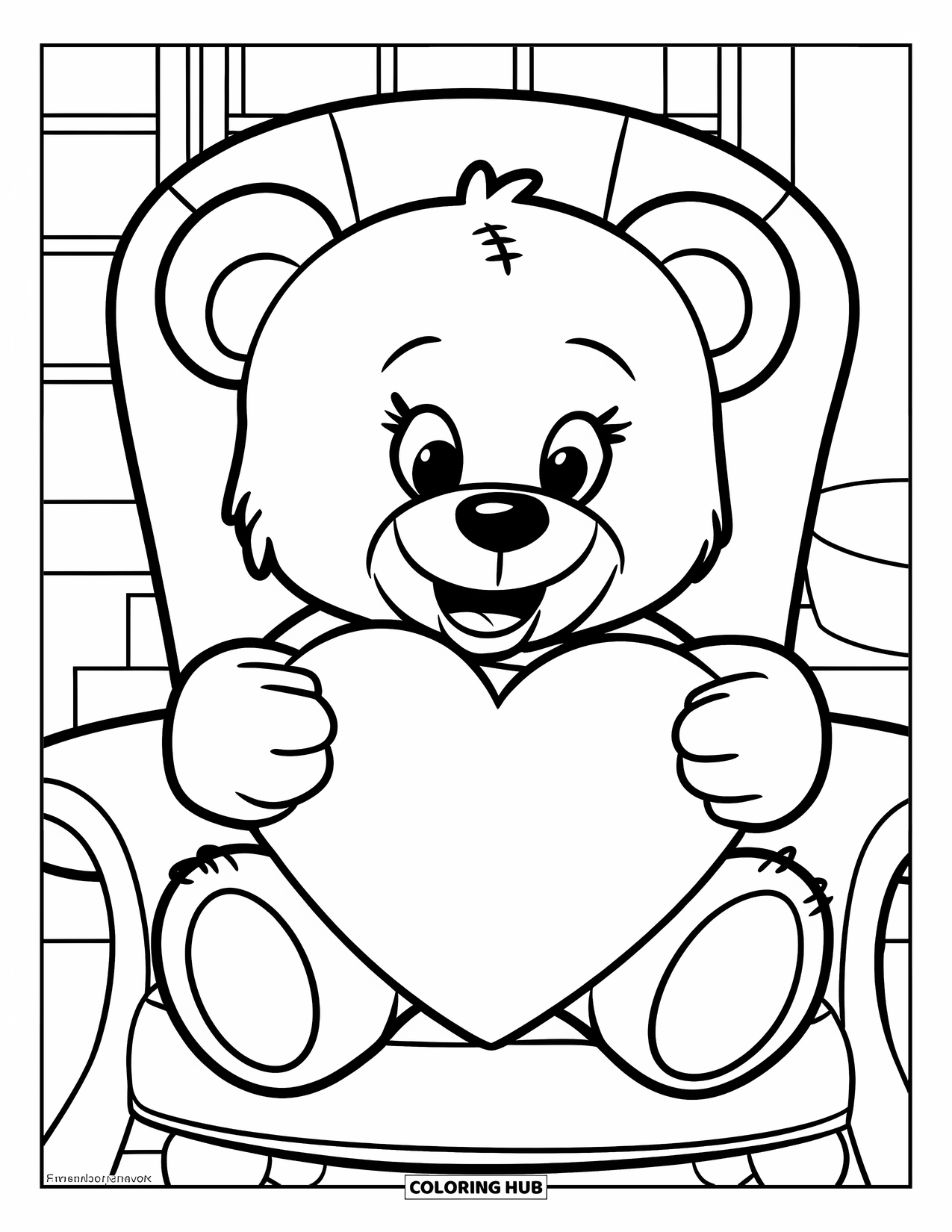 Valentine Coloring Page for Kids: Teddy bear holding heart in a cozy room