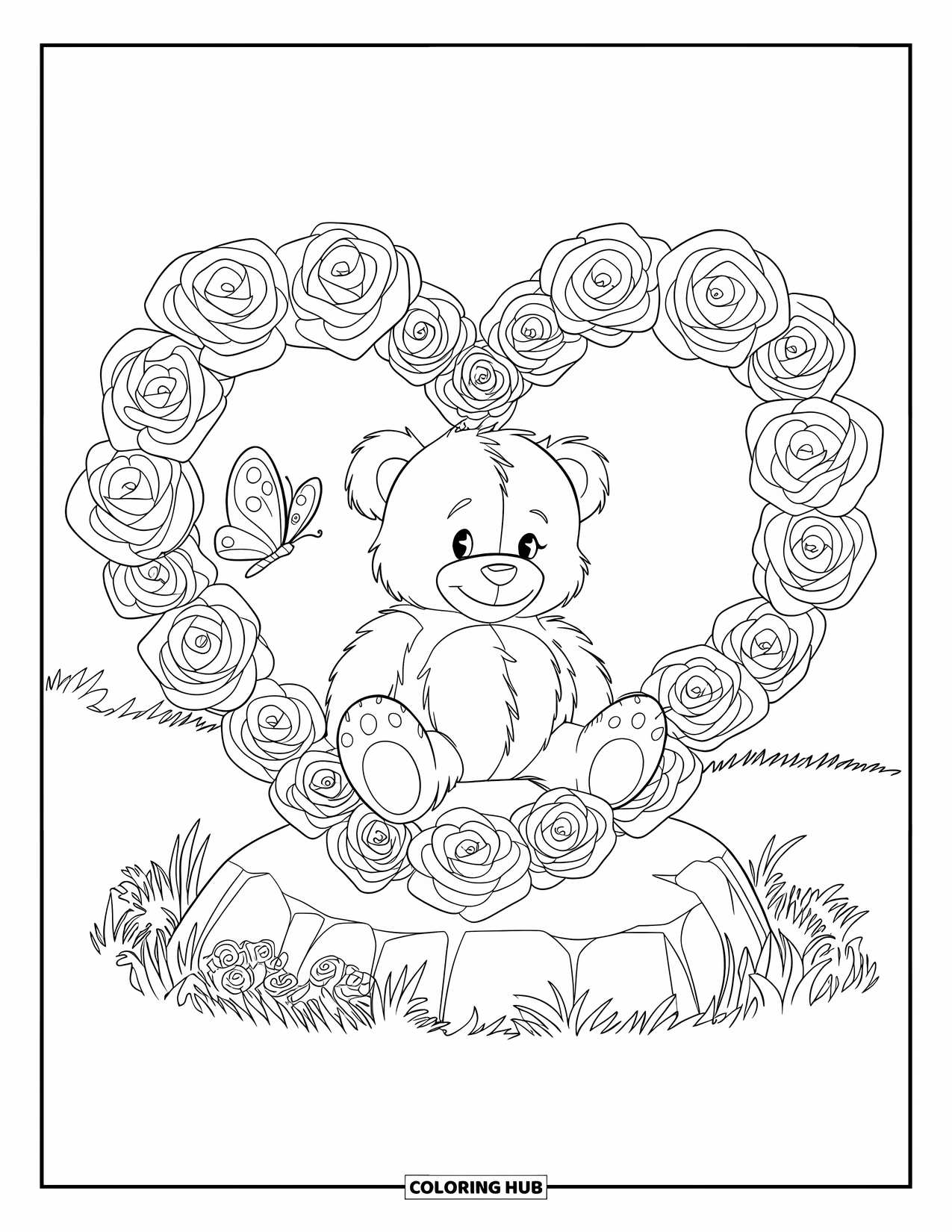 Valentine Coloring Page for Kids: Teddy bear in rose wreath with butterfly nearby