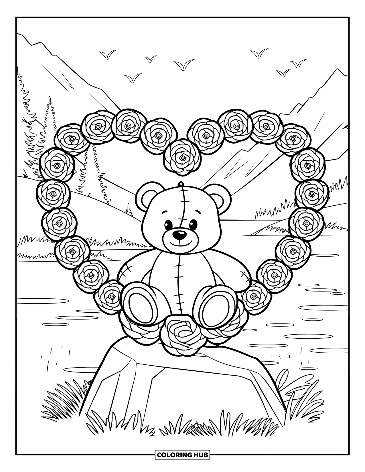Valentine Coloring Page for Kids: Teddy bear in rose wreath with mountains behind