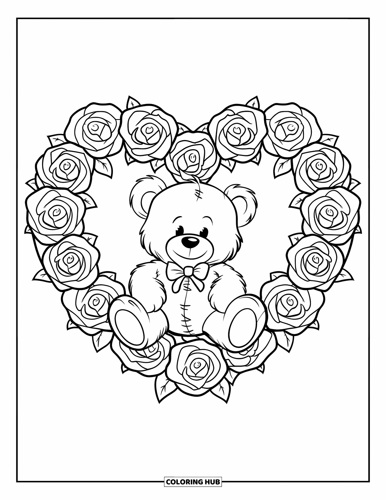 Valentine Coloring Page for Kids: Teddy bear inside a wreath of roses
