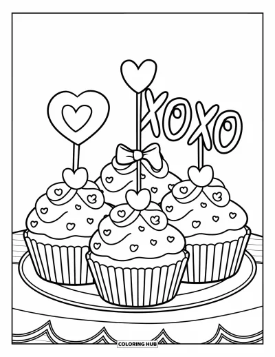 Valentýnská omalovánka pro děti: Tři cupcaky s ozdobami – srdíčko, mašlička a "XOXO"