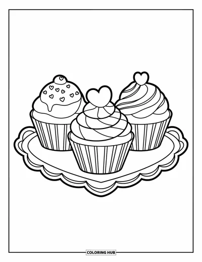 Valentýnská omalovánka pro děti: Tři cupcaky s valentýnskou ozdobou na talířku ve tvaru srdce