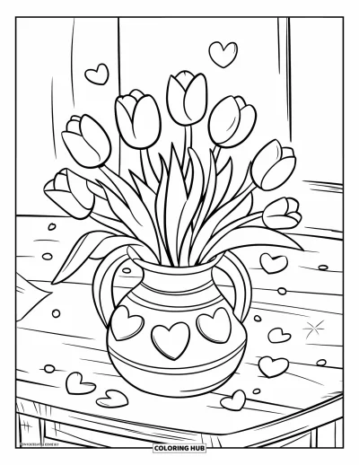 Valentýnská omalovánka pro děti: Tulipány ve váze se srdíčky a hvězdičkami
