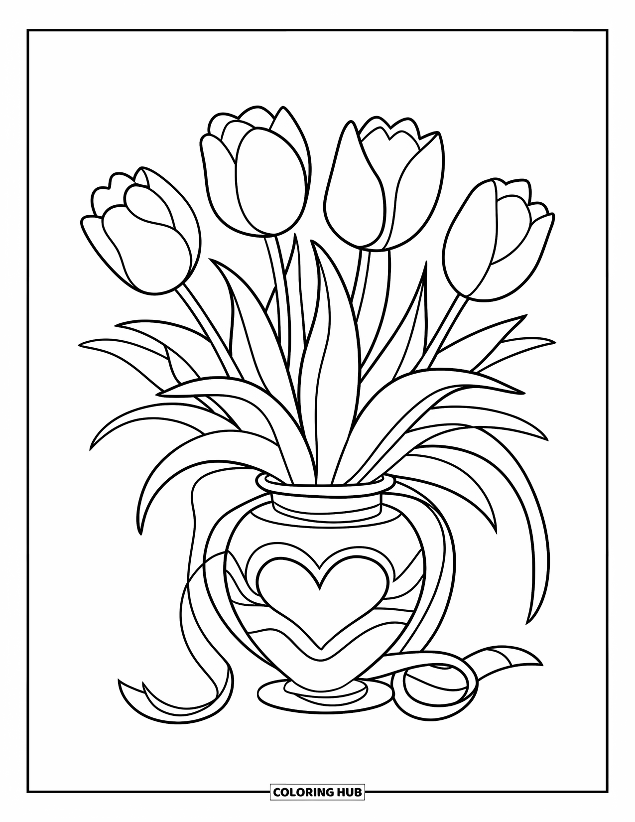 Valentine Coloring Page for Kids: Tulips in a vase with ribbon and heart design