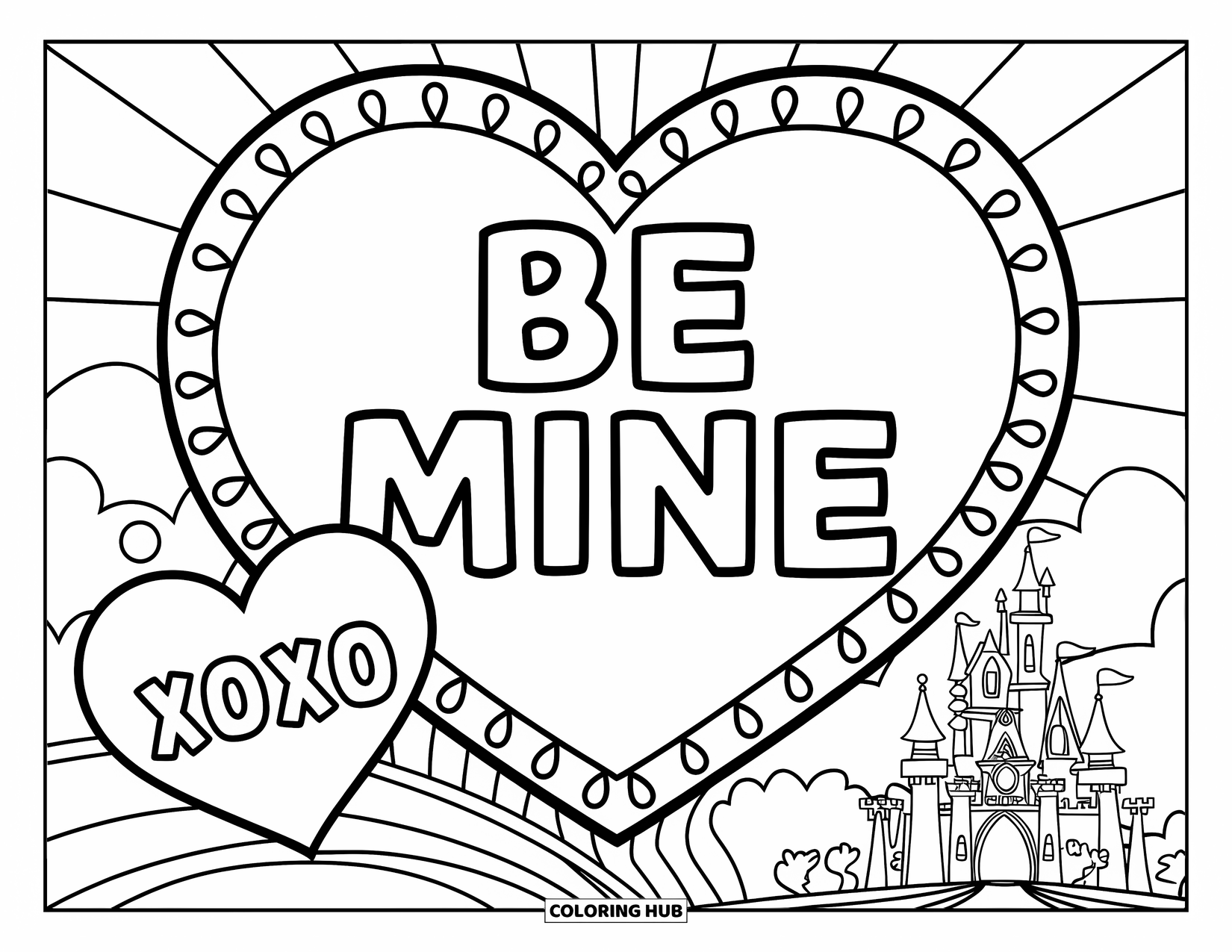 Valentine Coloring Page for Kids: Valentine's card with hearts and "Be Mine"