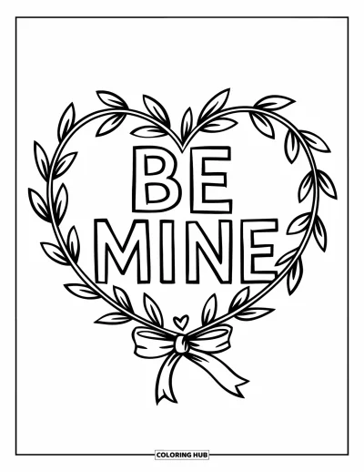 Valentýnská omalovánka pro děti: Věneček s nápisem "Be Mine" a stuhou
