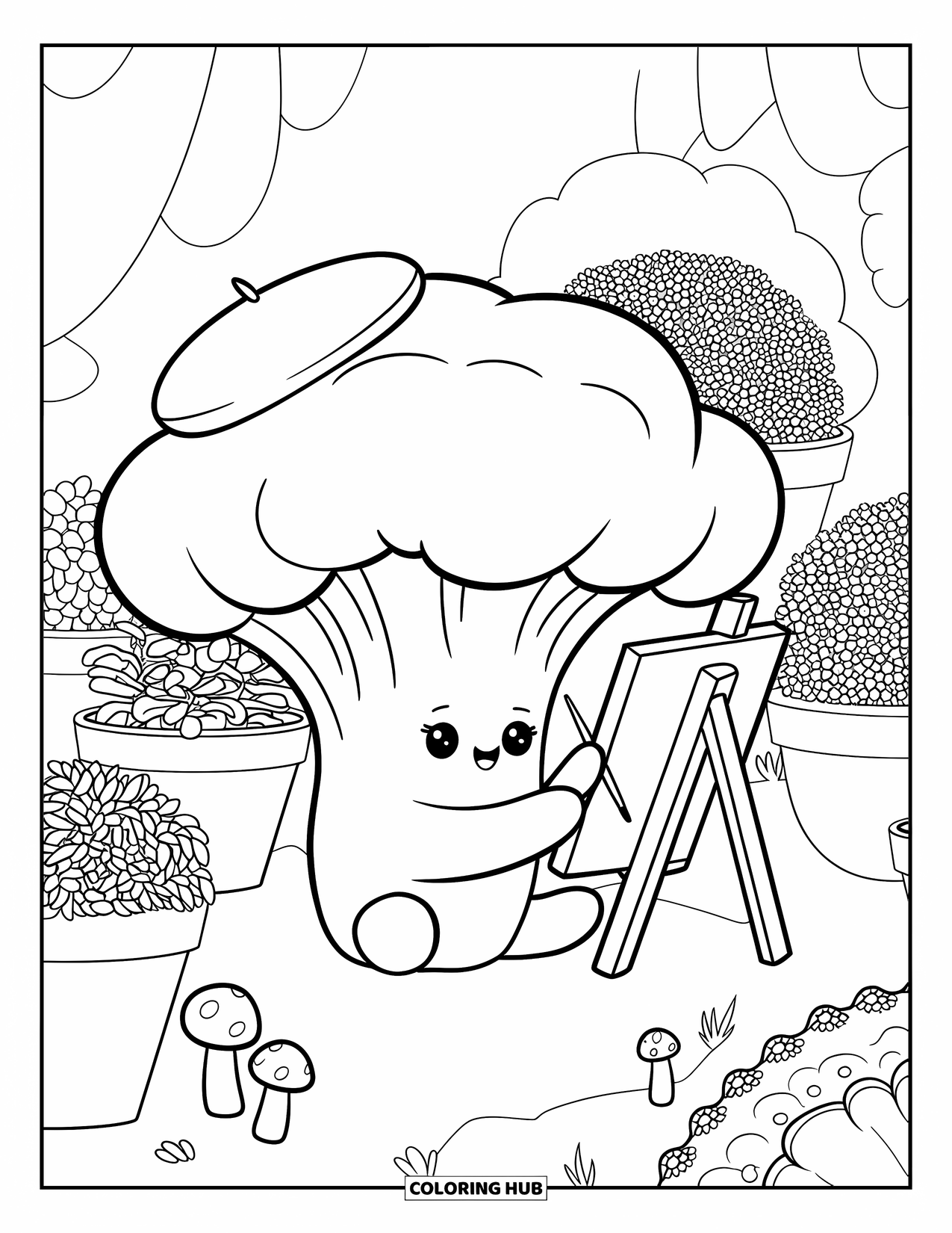 Vegetable Coloring Page for Adults: A broccoli in a beret paints peacefully in a garden filled with herbs and mushrooms