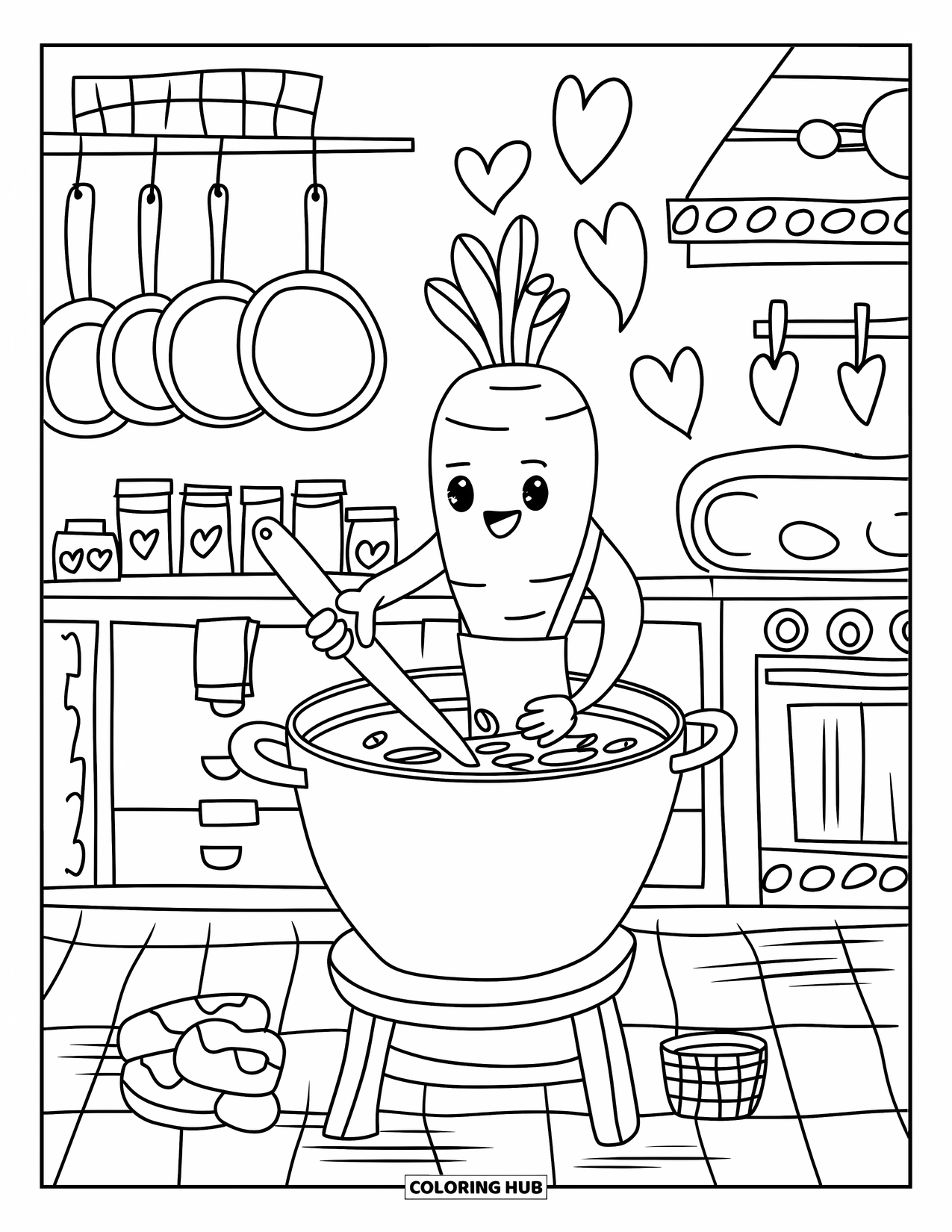 Vegetable Coloring Page for Adults: A cheerful carrot cooks soup on a stool while steam hearts rise in a happy kitchen